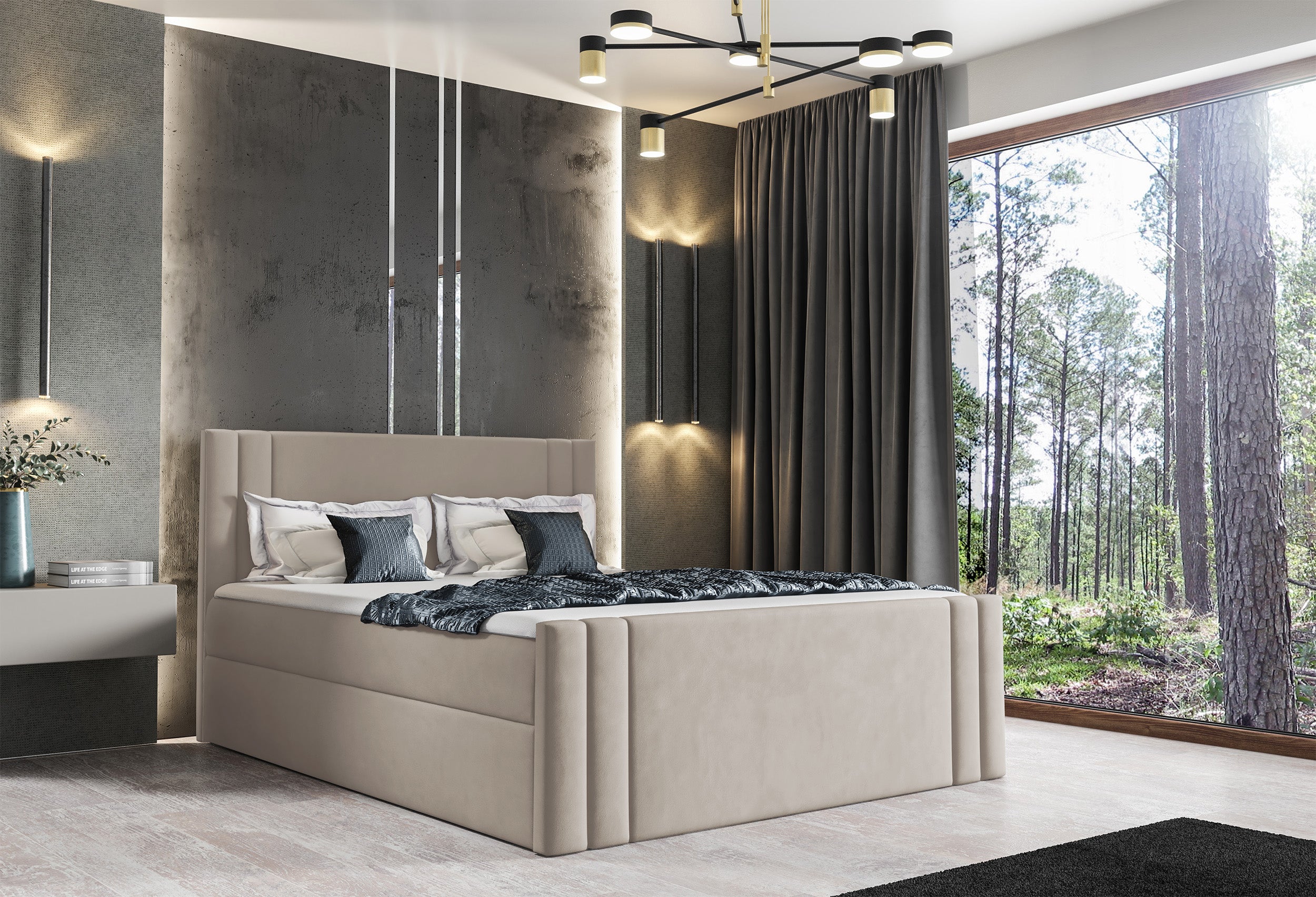 Łóżko kontynentalne Dulmo 120x200 z dwoma pojemnikami, materacem i topperem szarobeżowe hydrofobowe