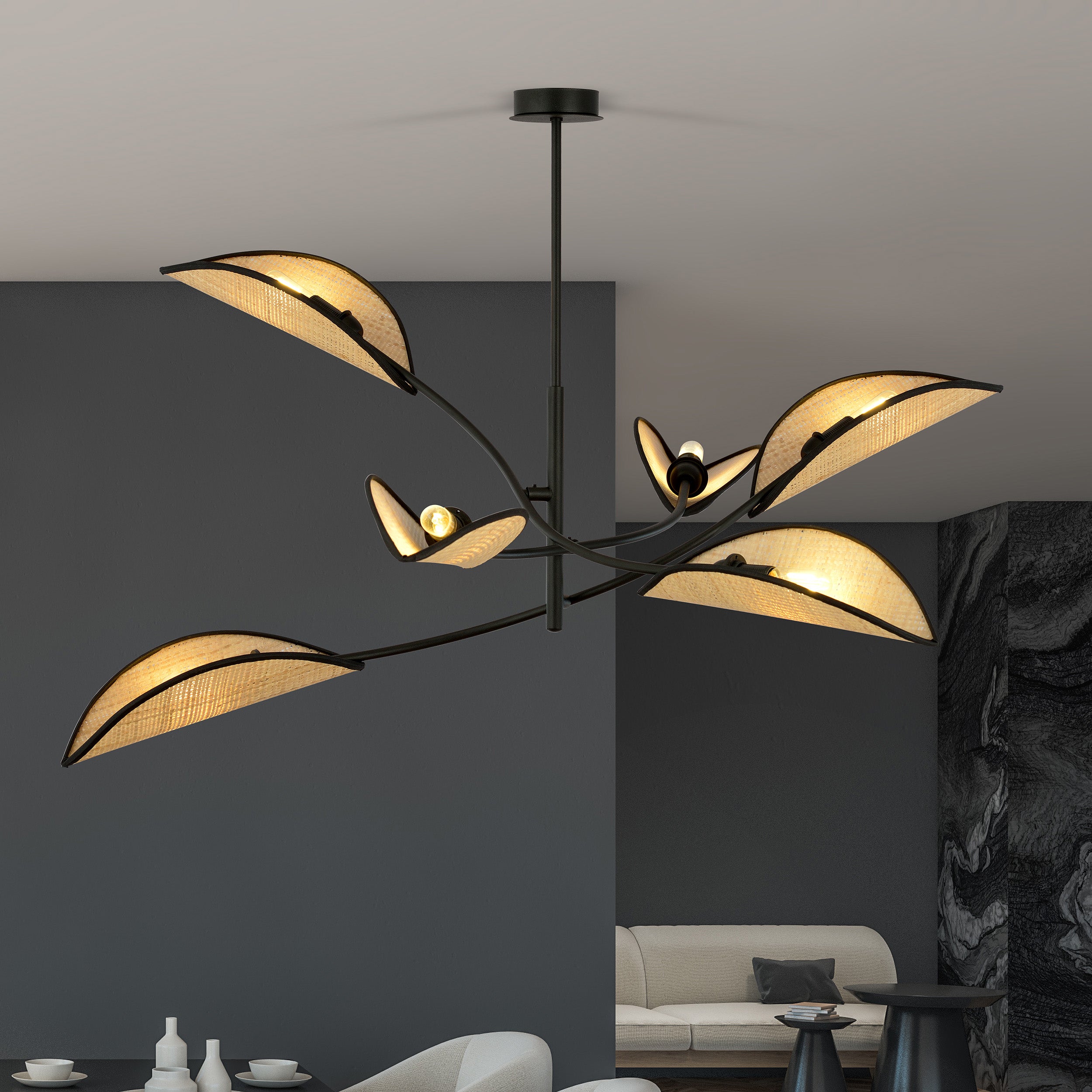 Lampa wisząca Farang x6 czarno-rattanowa