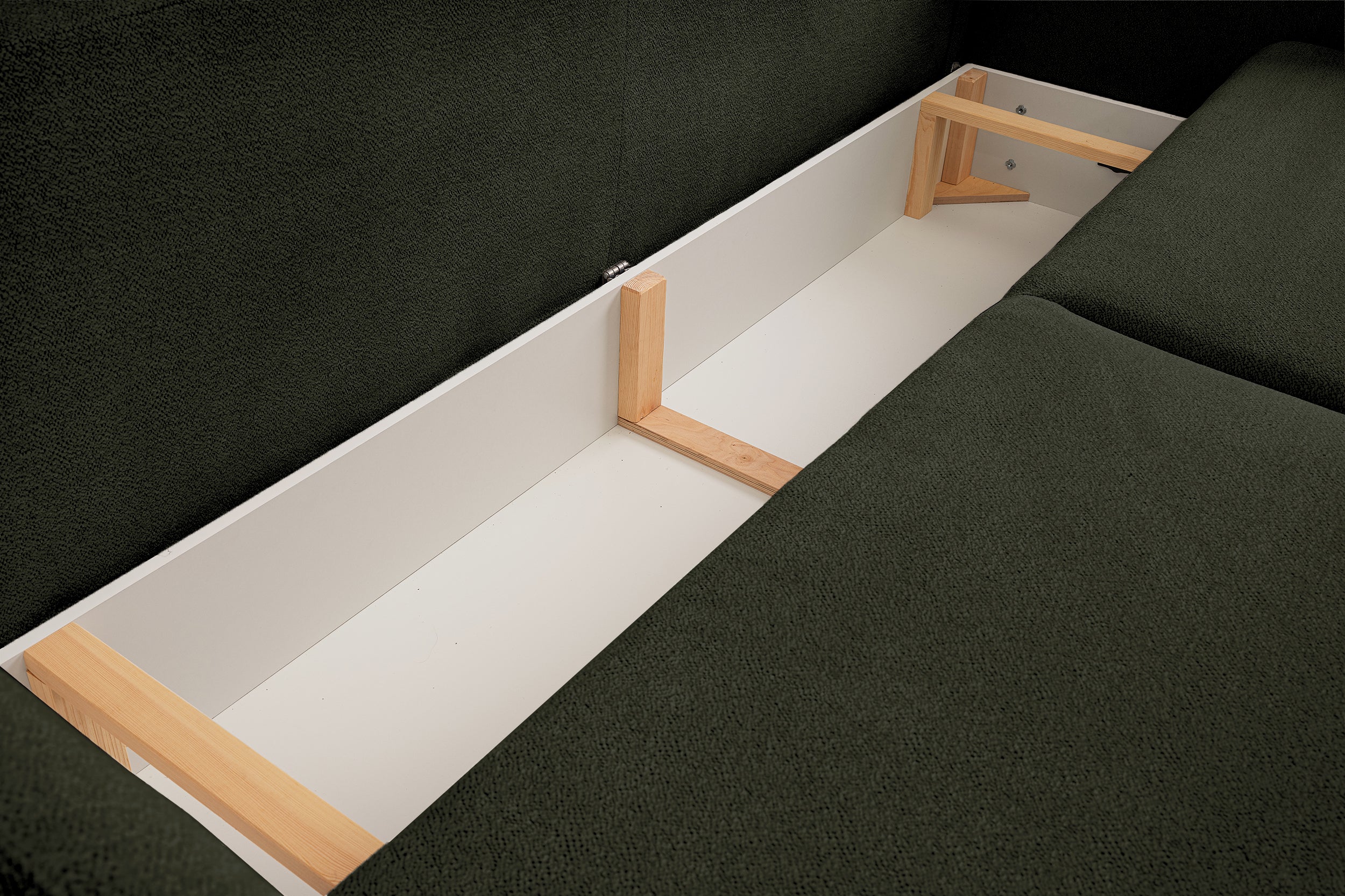 Kanapa rozkładana trzyosobowa Ovally z pojemnikiem oliwkowa szenil