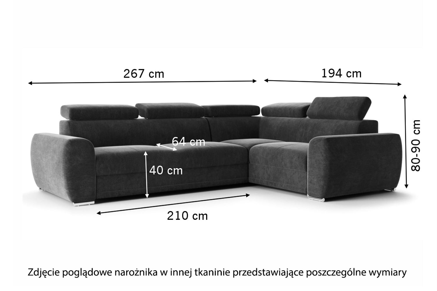 Narożnik z funkcją spania Danles L-kształtny z pięcioma regulowanymi zagłówkami i pojemnikiem ciemnoszary welur hydrofobowy lewostronny