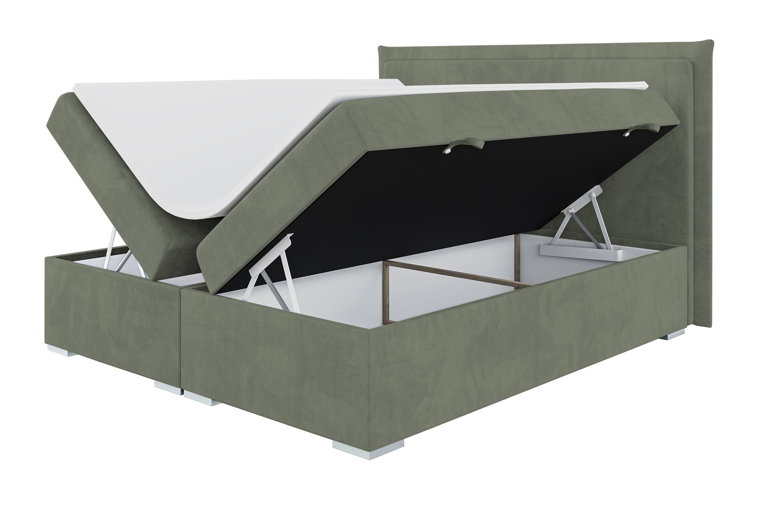 Łóżko kontynentalne 160x200 cm Nurdicer z pojemnikami i topperem oliwkowe welur hydrofobowy
