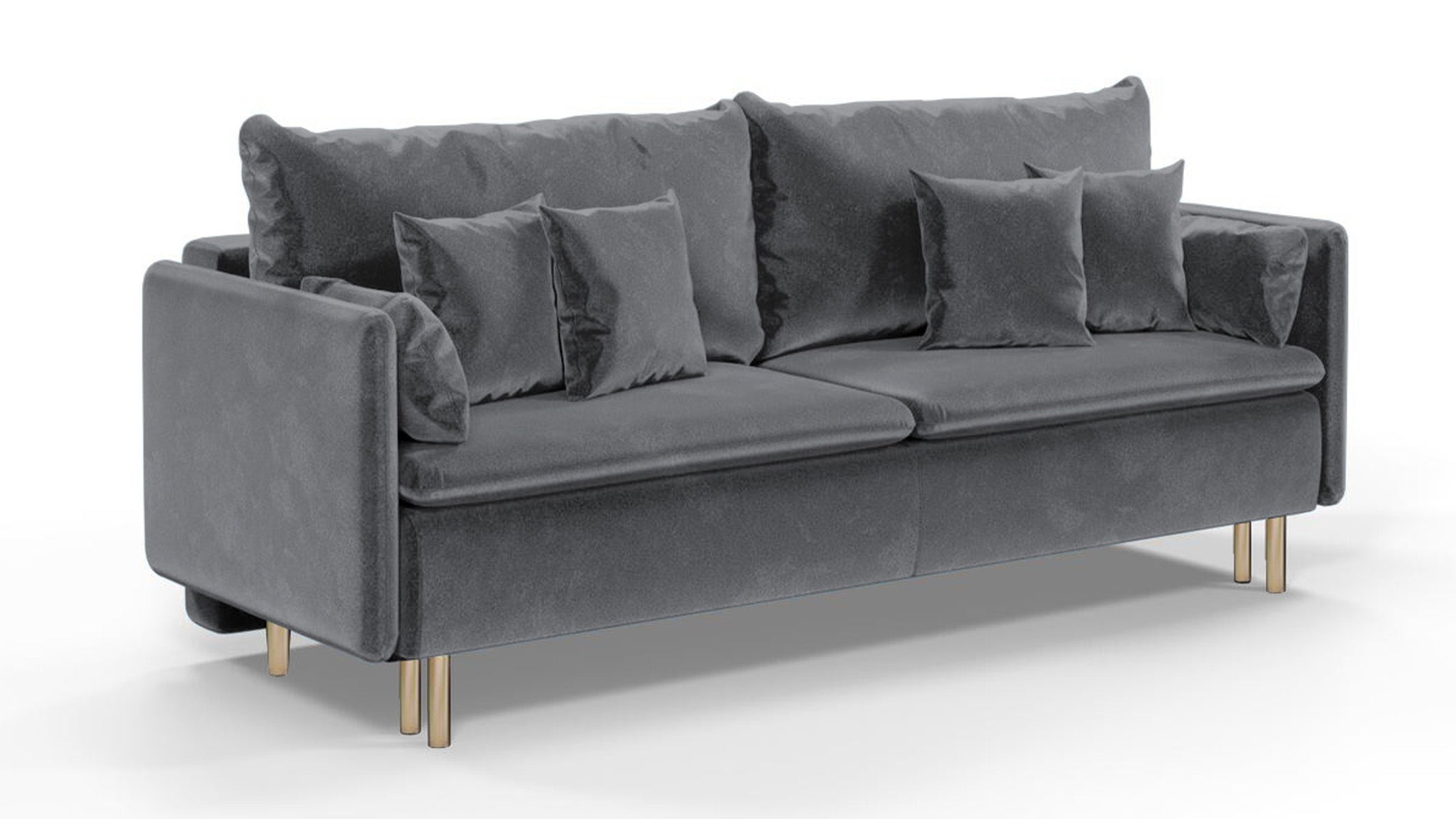 Kanapa rozkładana trzyosobowa Gennario z pojemnikiem na złotych nogach ciemnoszara welur łatwoczyszczący