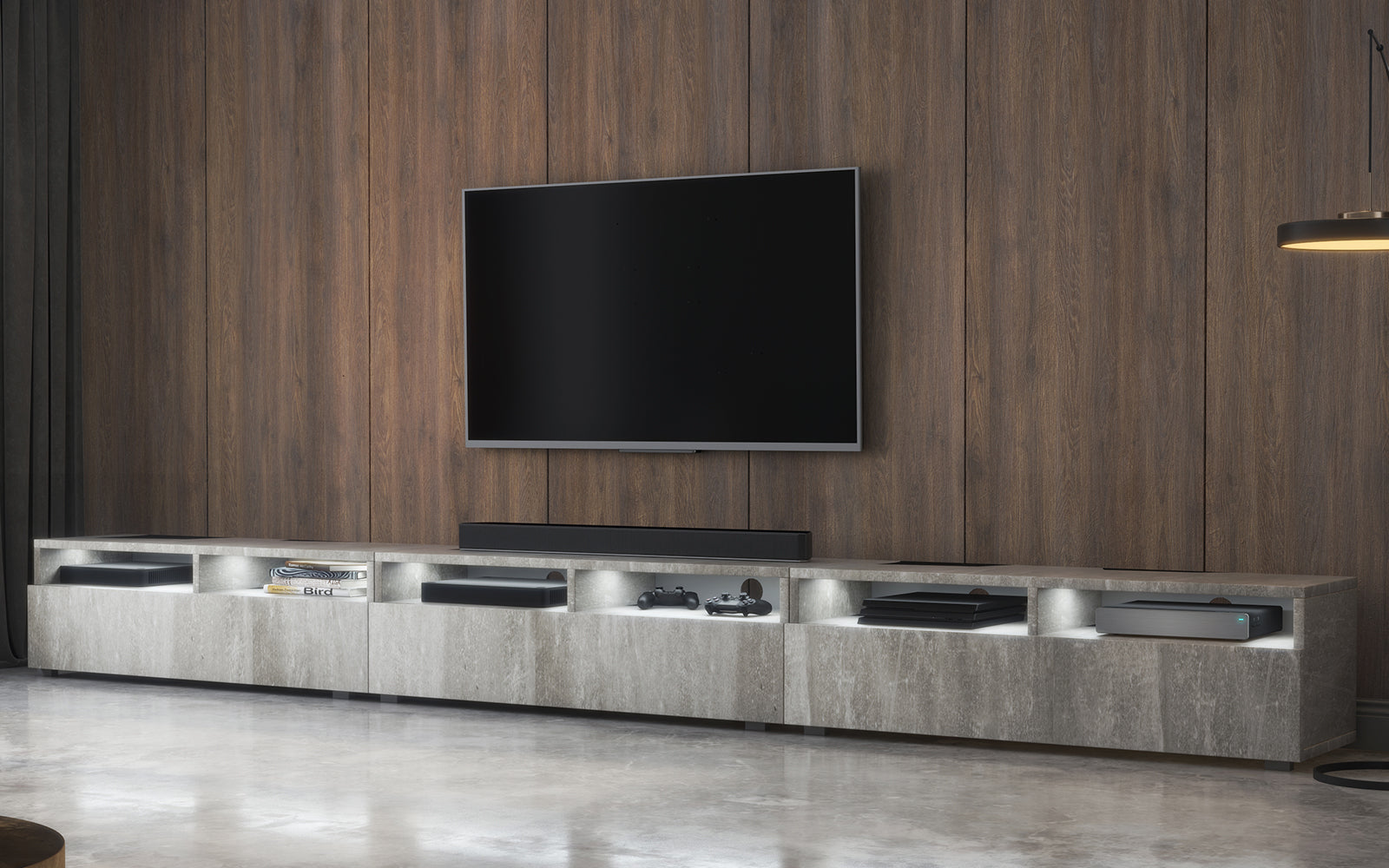 Szafka RTV z trzema szufladami Rednaw 300 cm Beton z oświetleniem