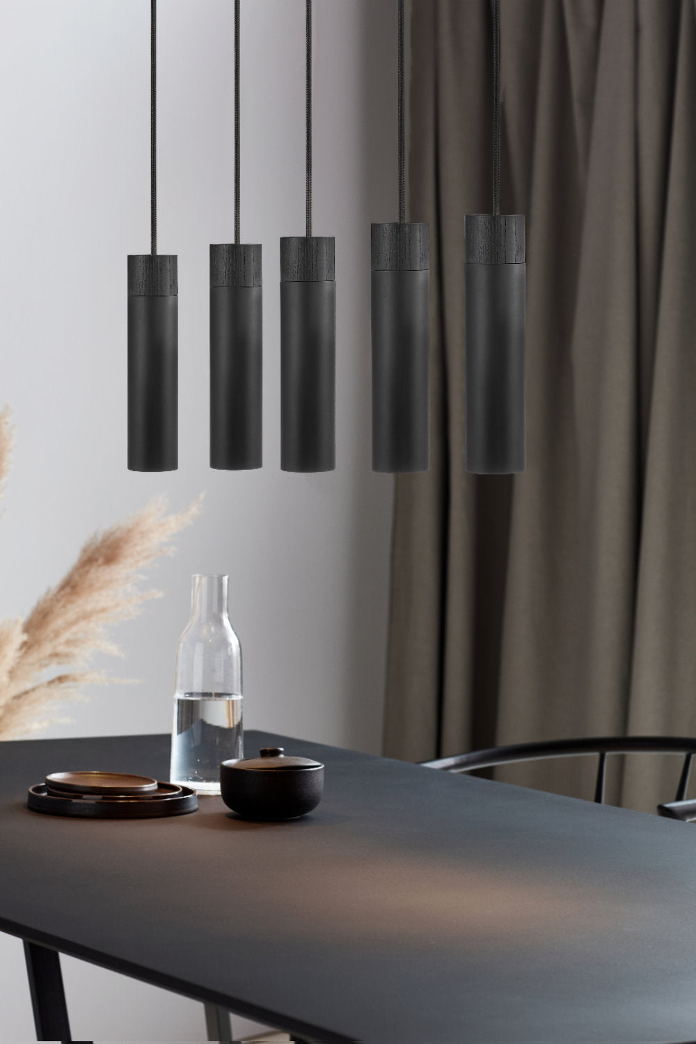 Lampa wisząca Tilo x5 czarna z drewnianym pierścieniem