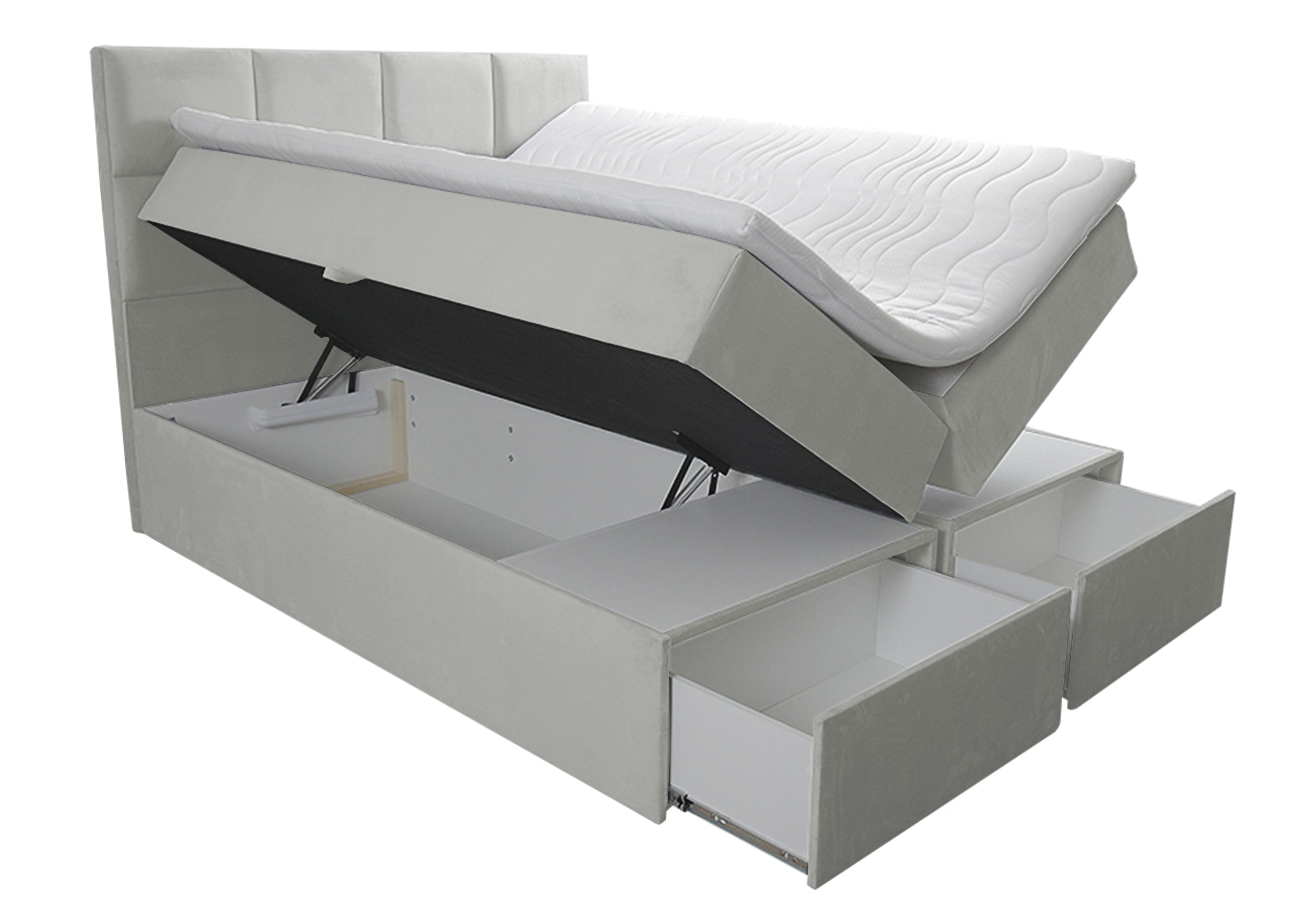 Łóżko kontynentalne 140x200 cm Tokio z pojemnikami i szufladami jasnoszare welur hydrofobowy