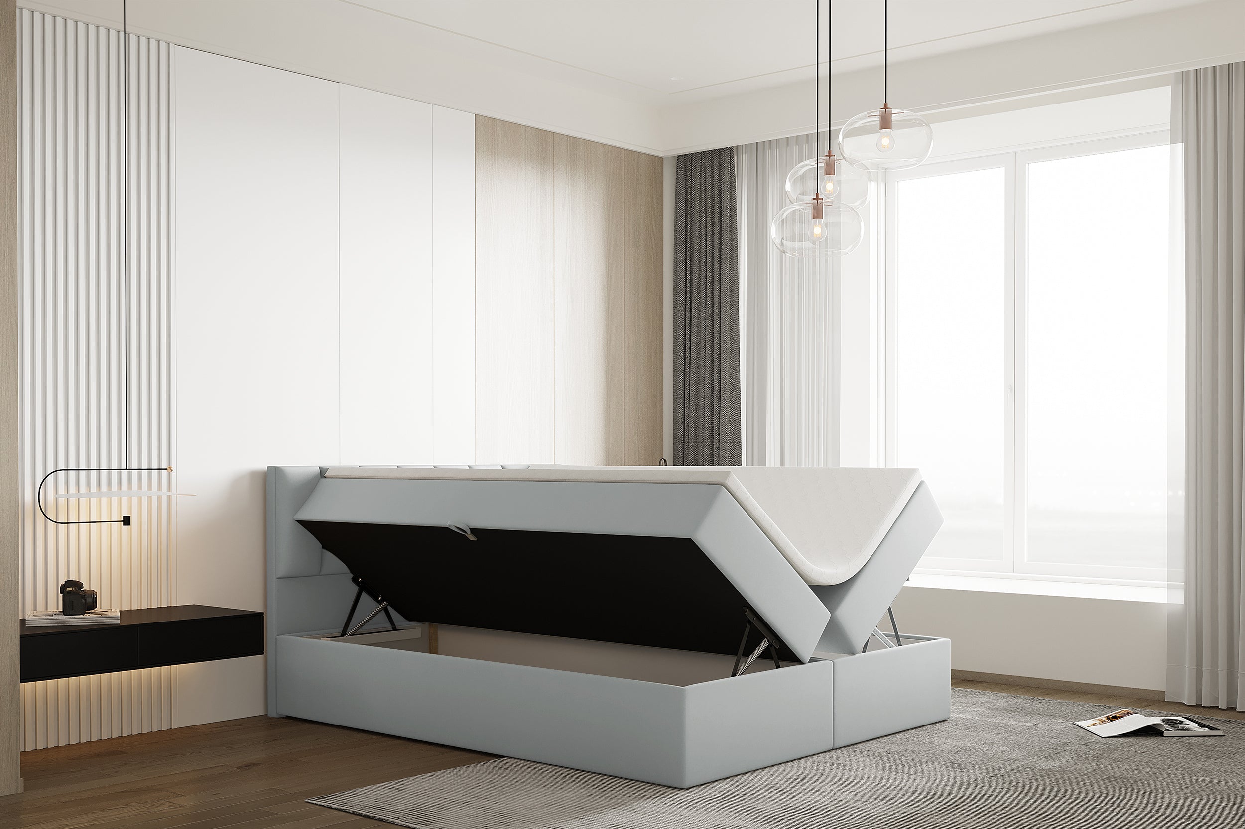 Łóżko kontynentalne 180x200 cm Carbini z pojemnikami  i materacem kieszeniowym jasnoszare welur hydrofobowy