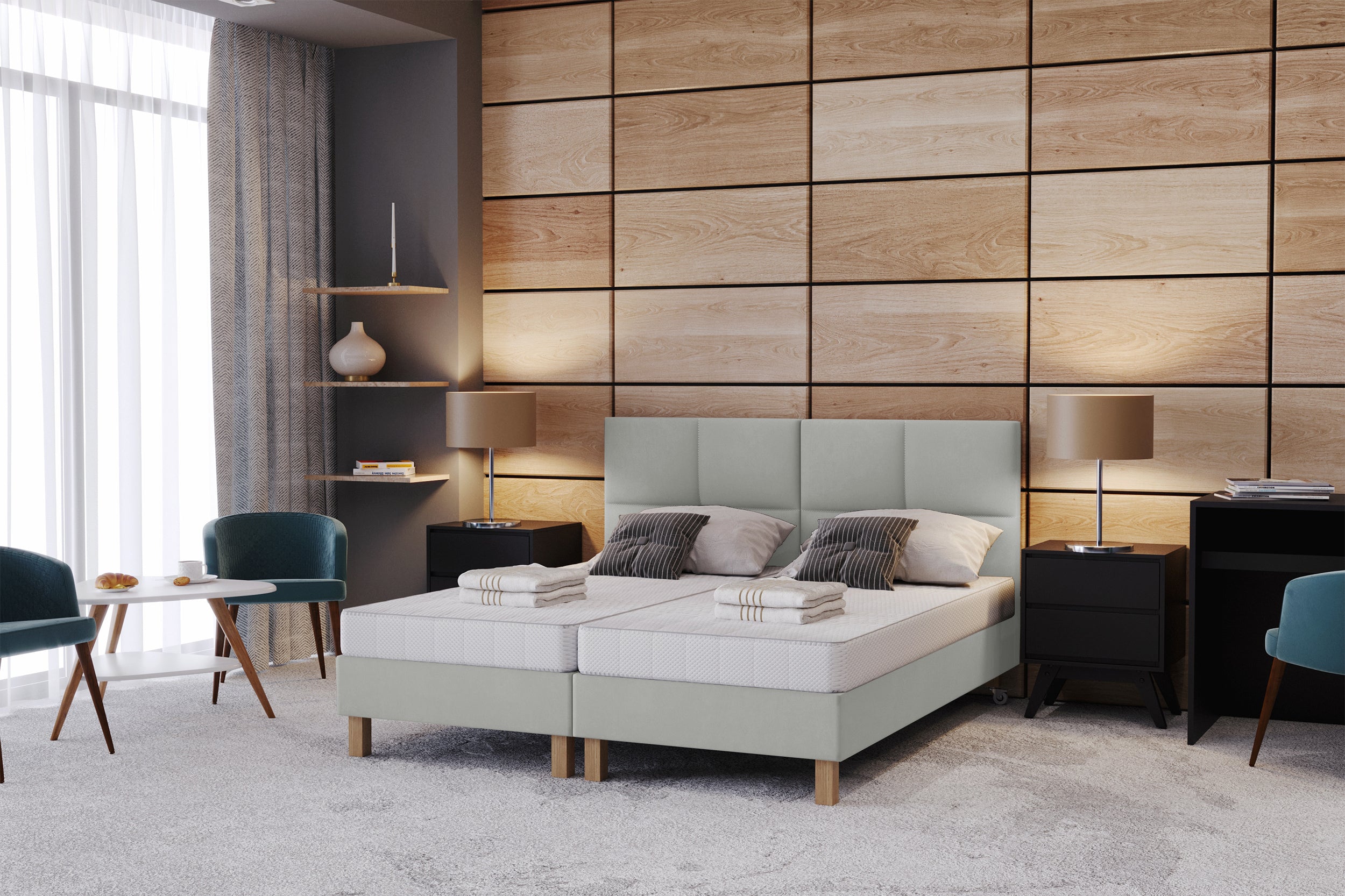 Łóżko tapicerowane 100x200 cm  Donbay z wezglowiem panelowym i materacem kieszeniowym jasnoszare welur hydrofobowy