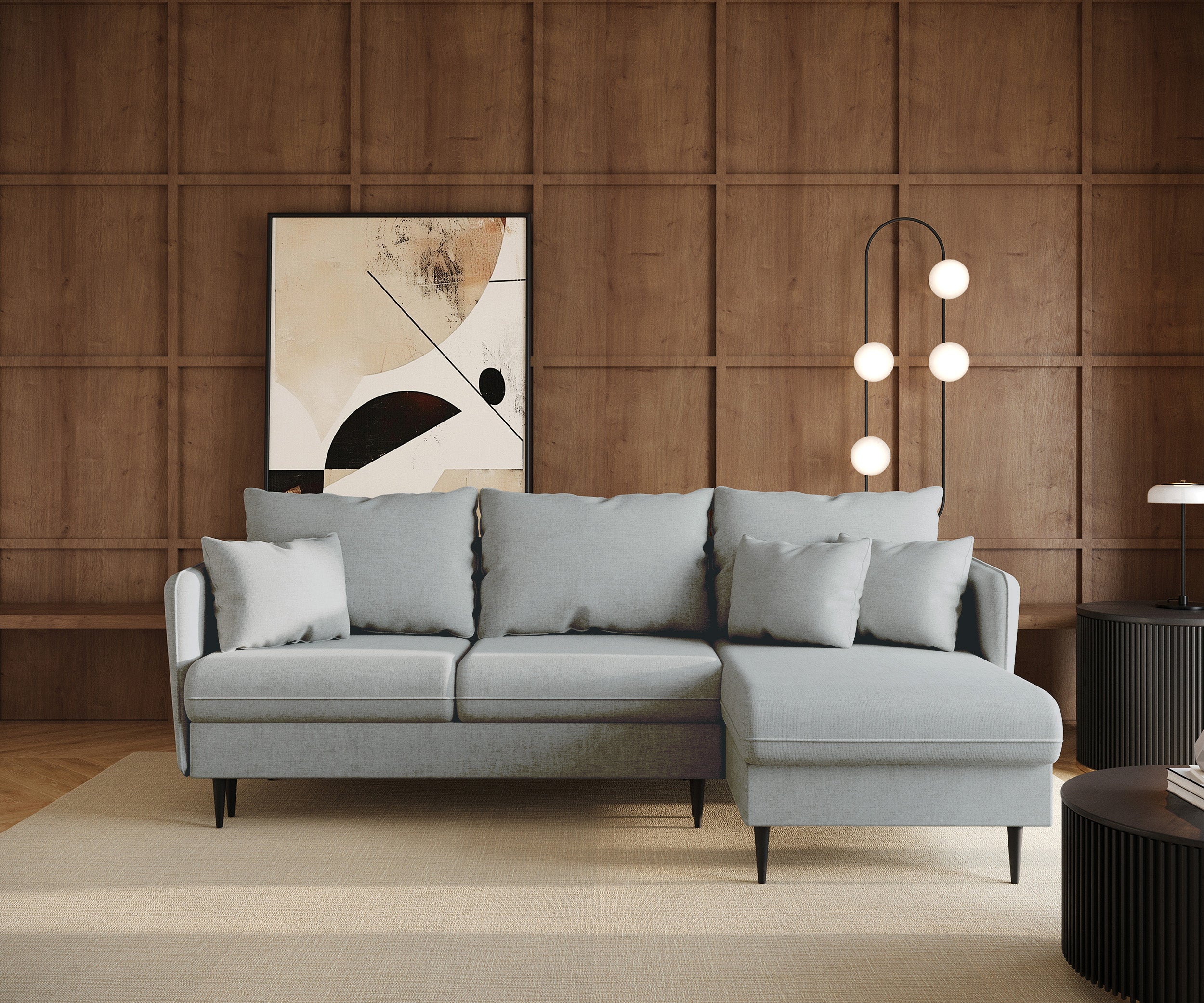 Narożnik z funkcją spania Volio L-kształtny szary szenil nogi czarne