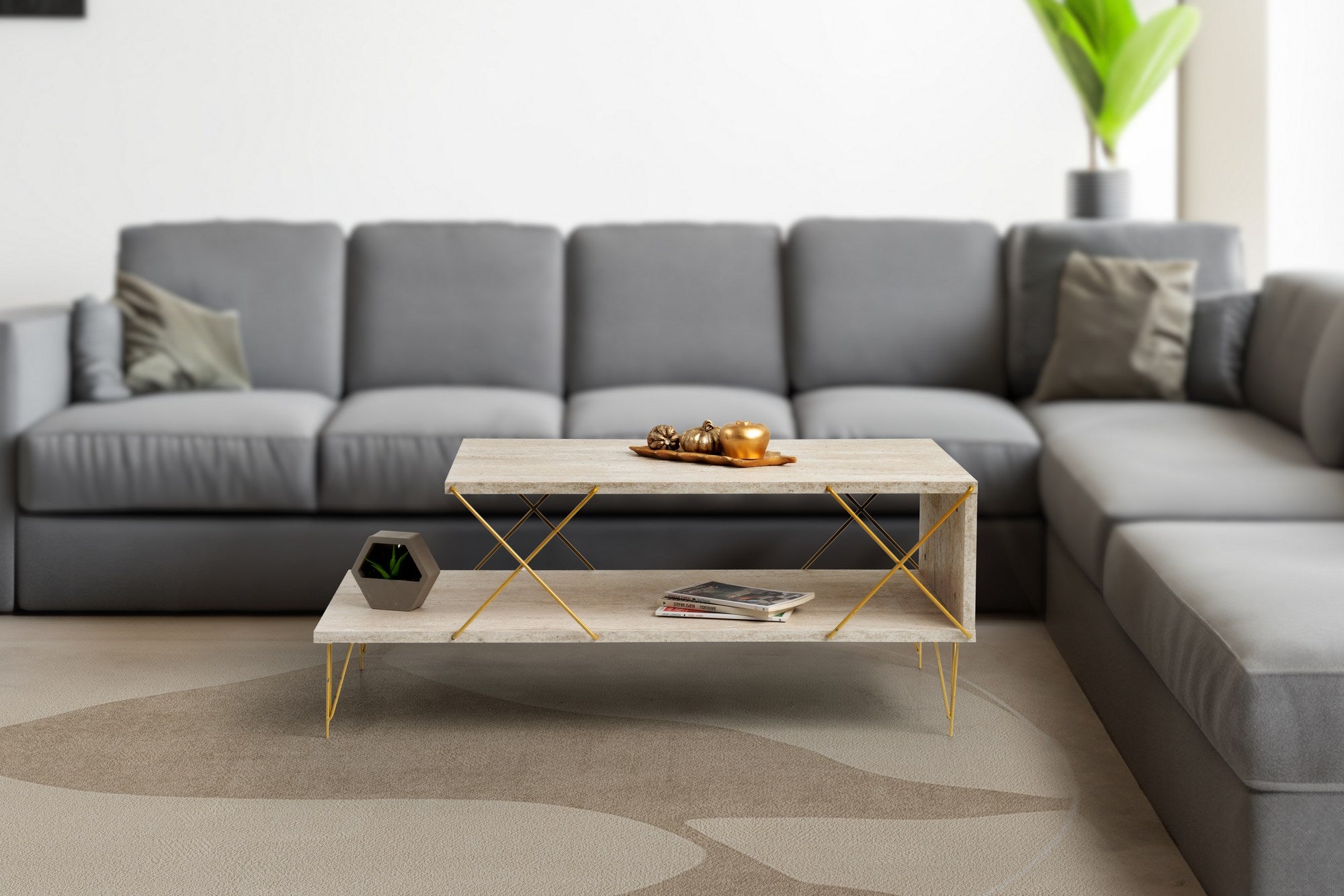 Stolik kawowy Lerro 100x50 cm trawertyn/ złoty stelaż