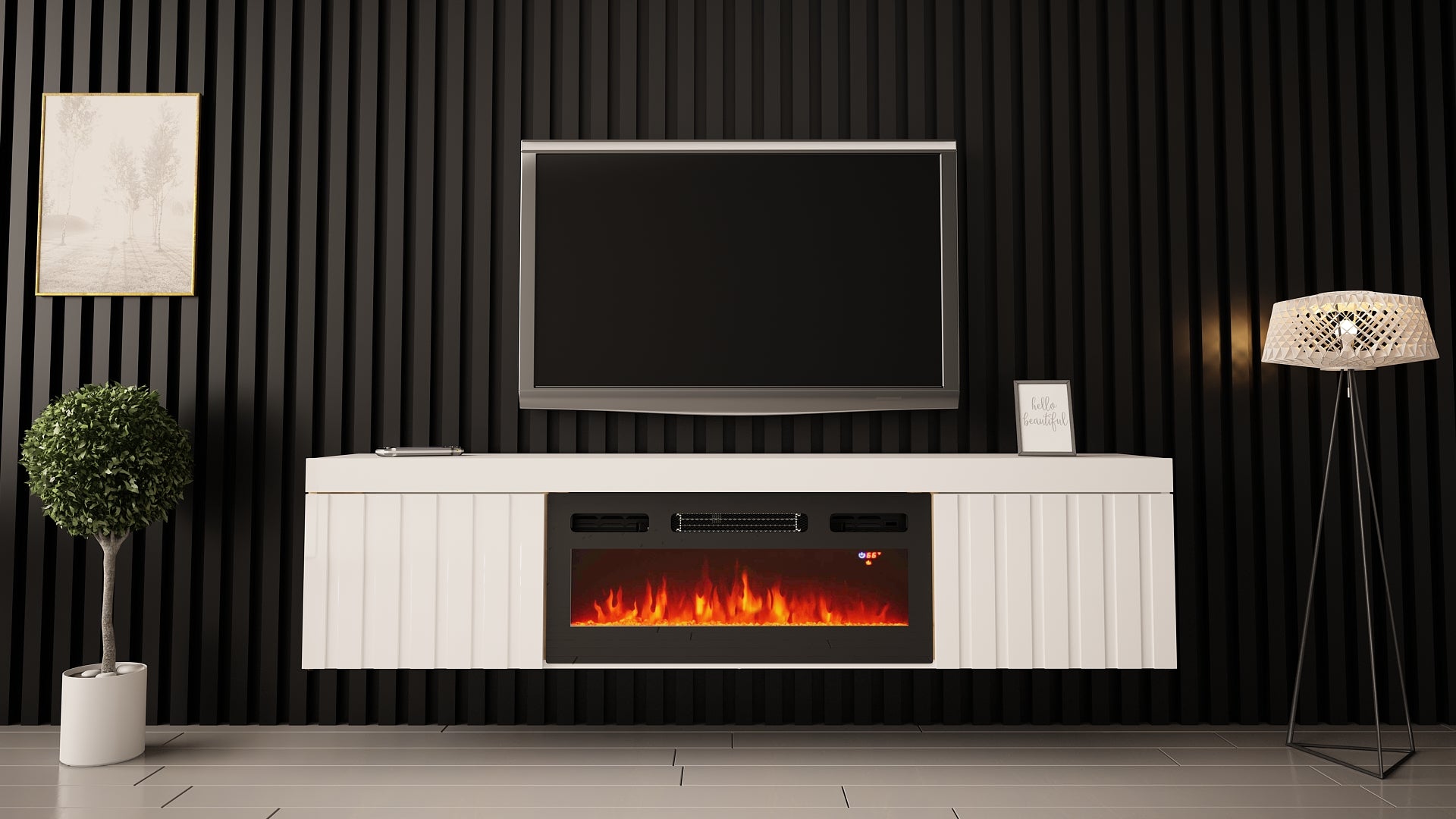 Szafka RTV Kalva 180 cm z kominkiem elektrycznym biały połysk lamele