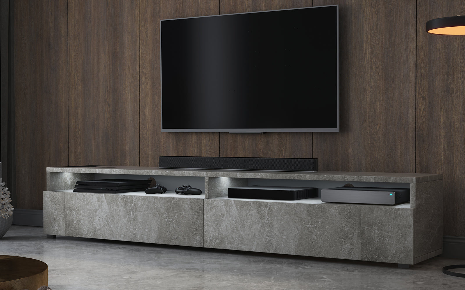 Szafka RTV Rednaw 180 cm Beton z oświetleniem