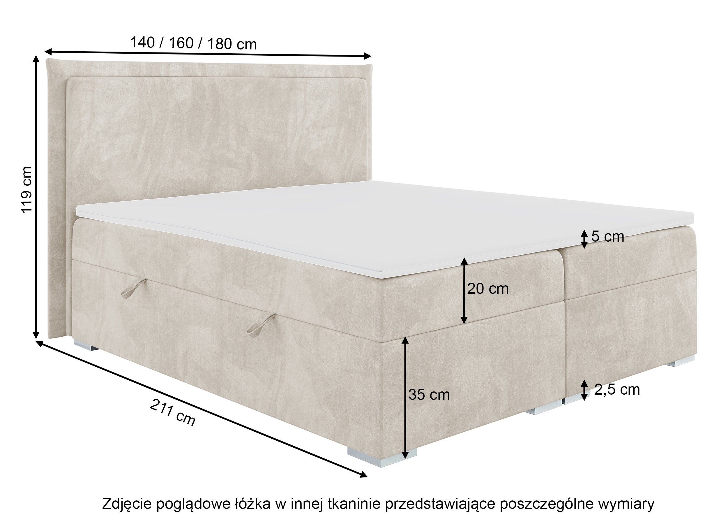Łóżko kontynentalne 160x200 cm Nurdicer z pojemnikami i topperem szare welur hydrofobowy