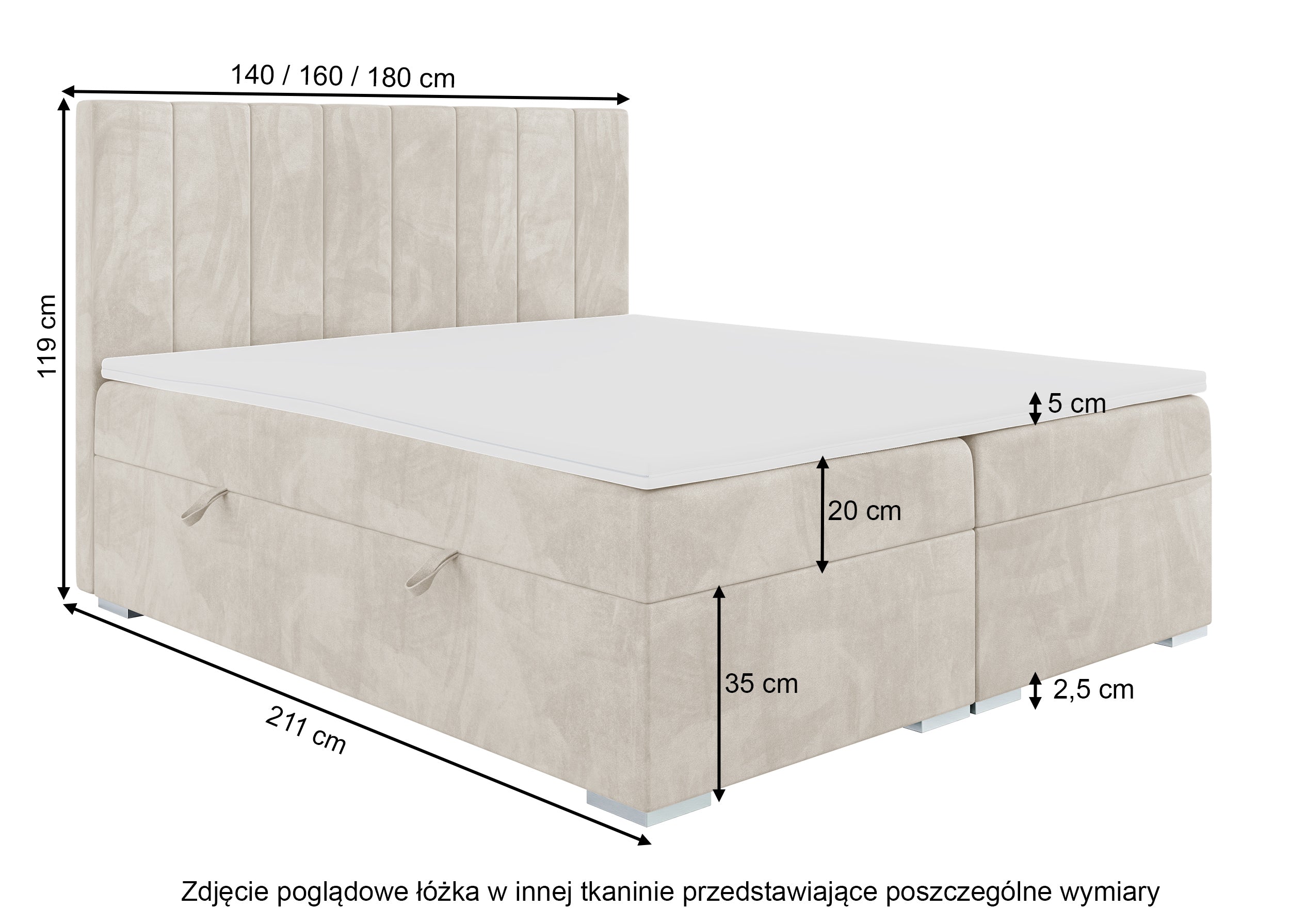 Łóżko kontynentalne 160x200 cm Alenna z pojemnikami i topperem jasnoróżowe welur hydrofobowy