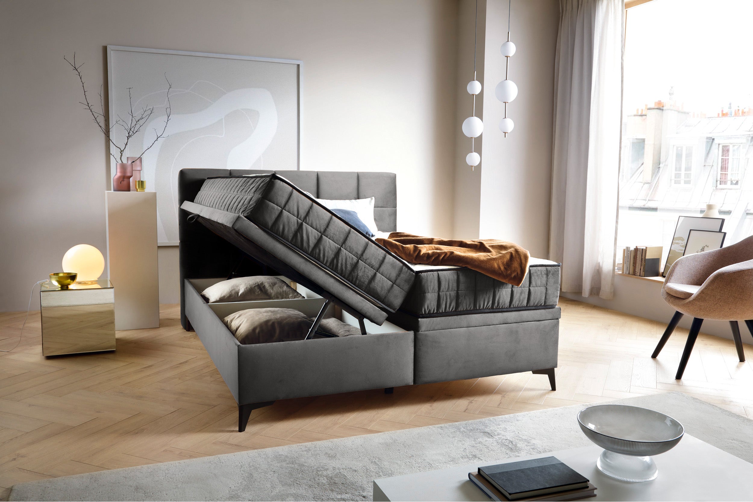 Łóżko kontynentalne 180x200 cm Beriano z pojemnikami i materacem popielate welur