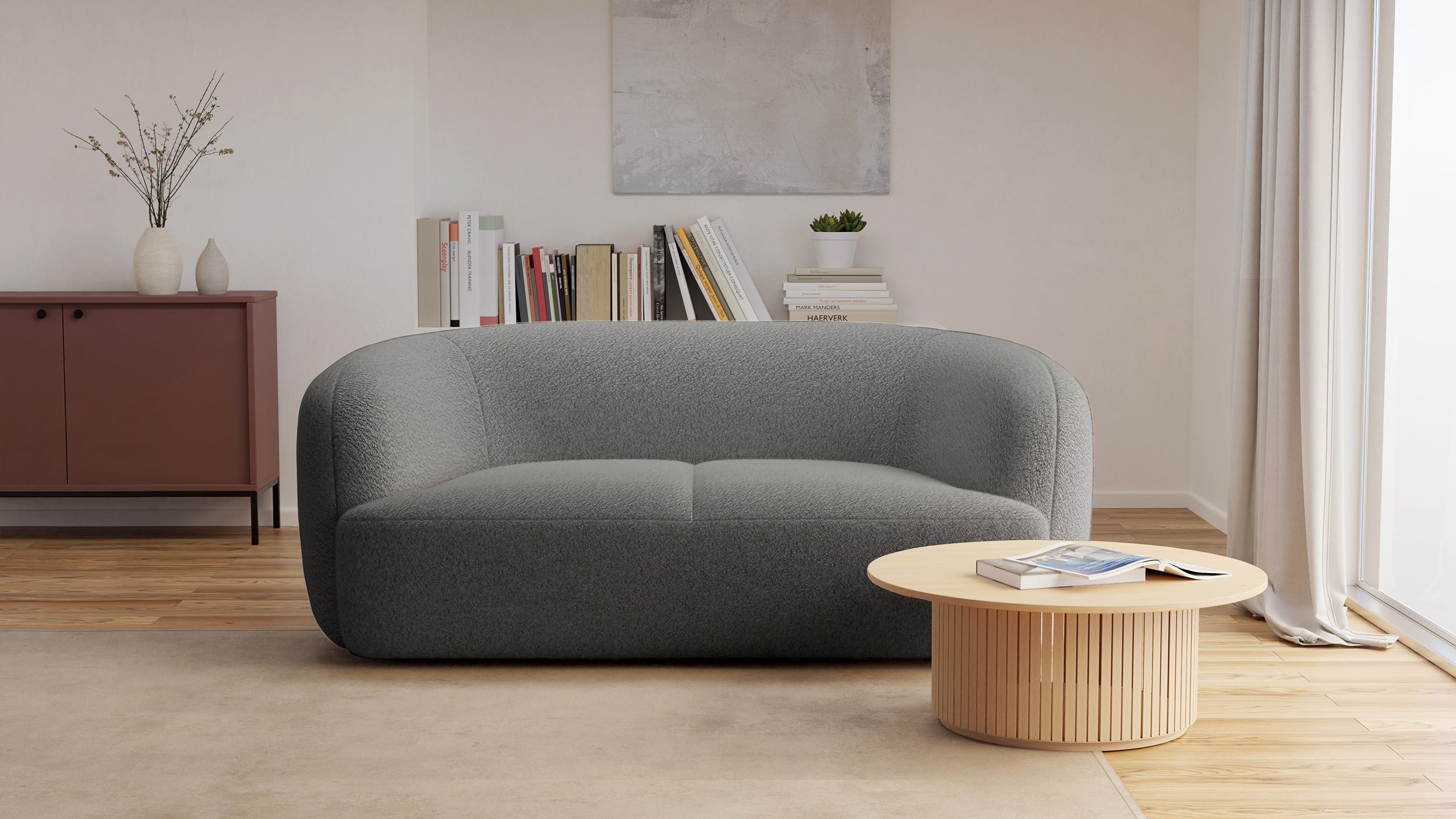 Sofa dwuosobowa Sabanitas ciemnoszara w tkaninie boucle