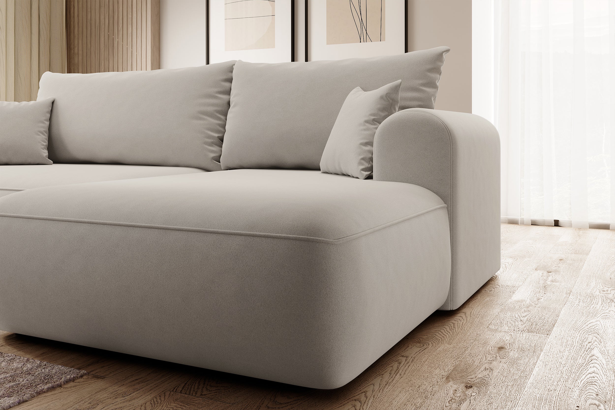 Narożnik z funkcją spania Ovo L-kształtny kremowy welur z pojemnikiem w tkaninie łatwoczyszczącej prawostronny