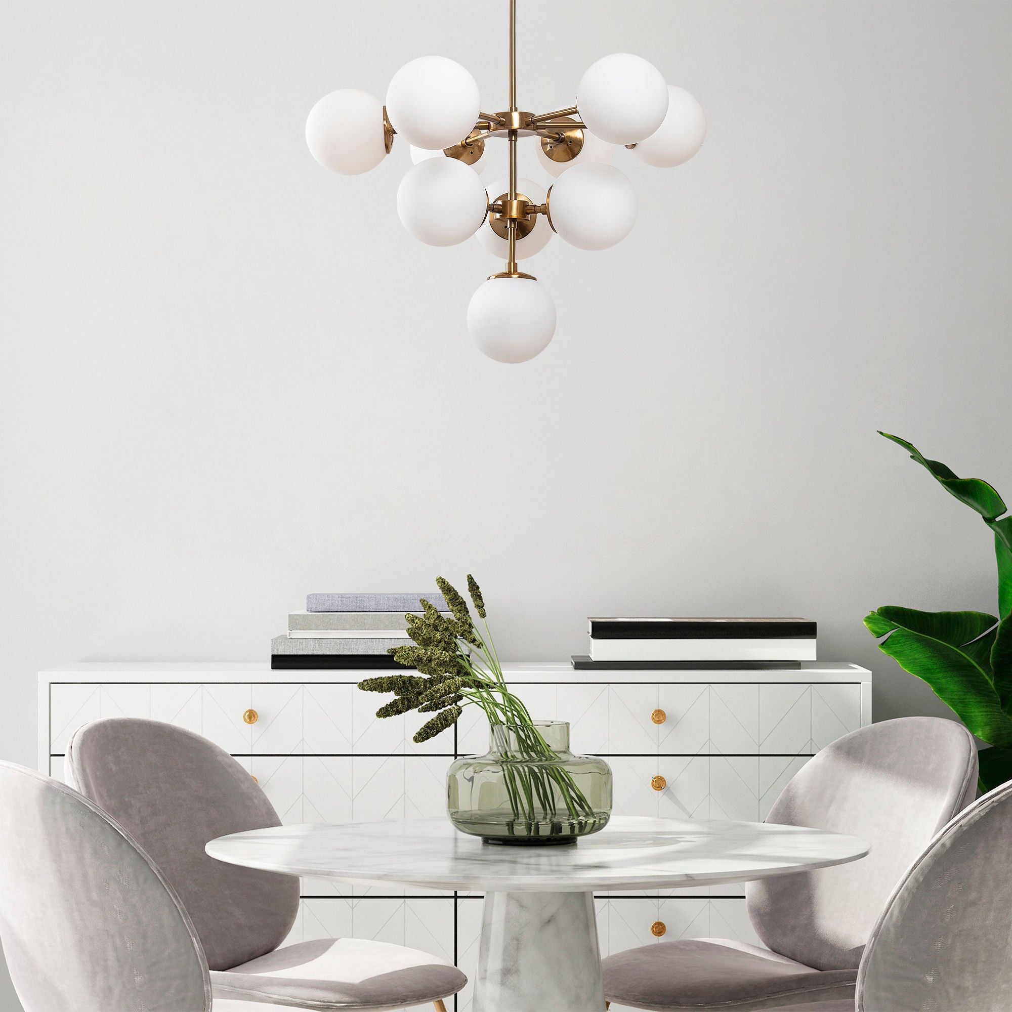 Lampa wisząca Horrelf x10 złota/ mleczne klosze