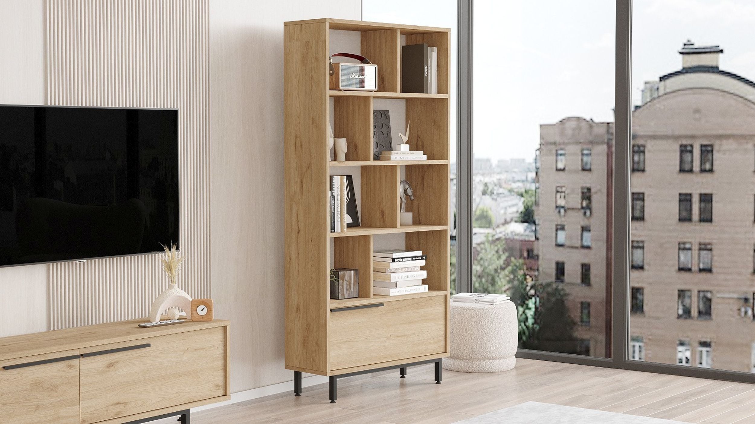 Regał na książki Plunism jasnobrązowy na czarnych nóżkach