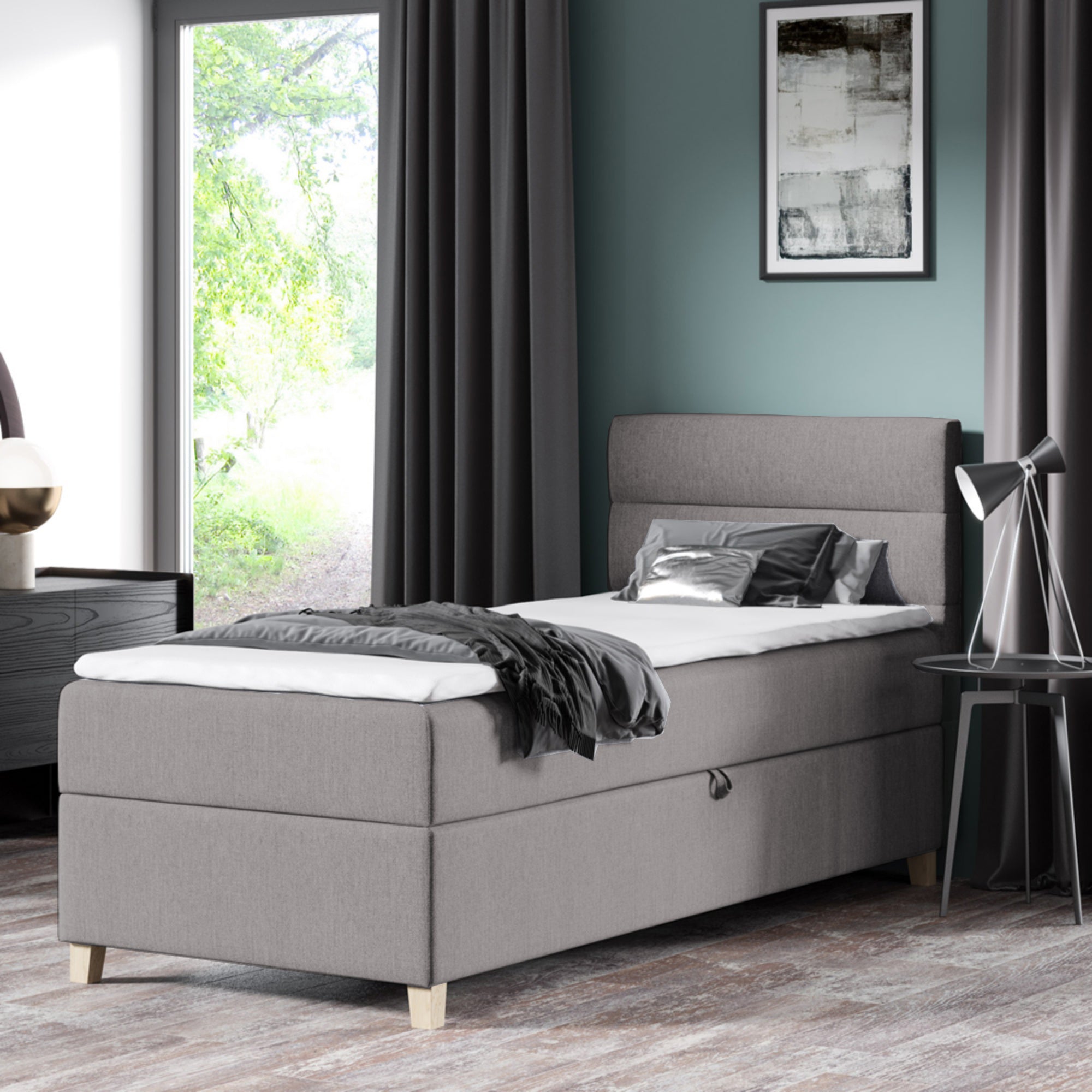 Łóżko kontynentalne 100x200 cm Charolle z pojemnikiem i topperem jednoosobowe szare welur prawostronne