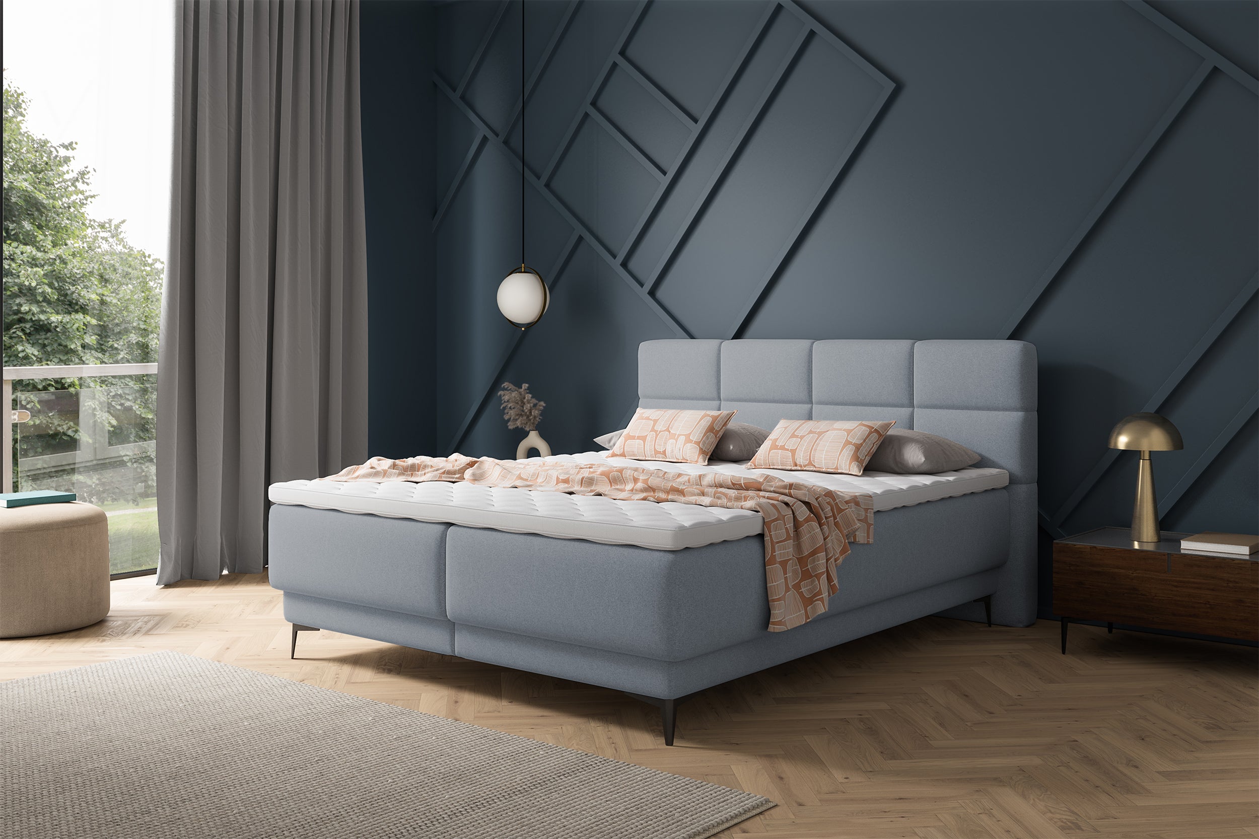 Łóżko kontynentalne 140x200 cm Rektango z pojemnikiem i topperem grafitowy welur