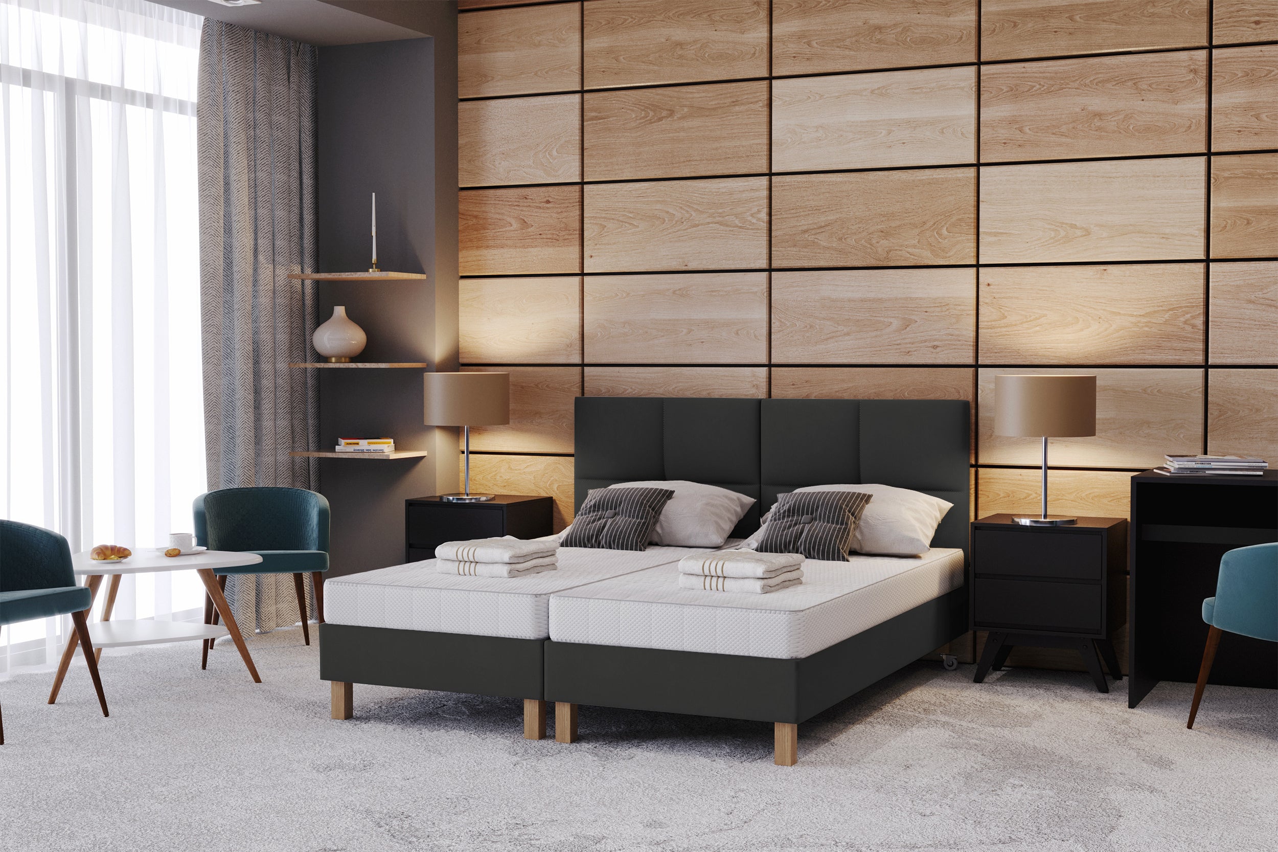 Łóżko tapicerowane 100x200 cm  Donbay z wezglowiem panelowym i materacem kieszeniowym grafitowe welur hydrofobowy