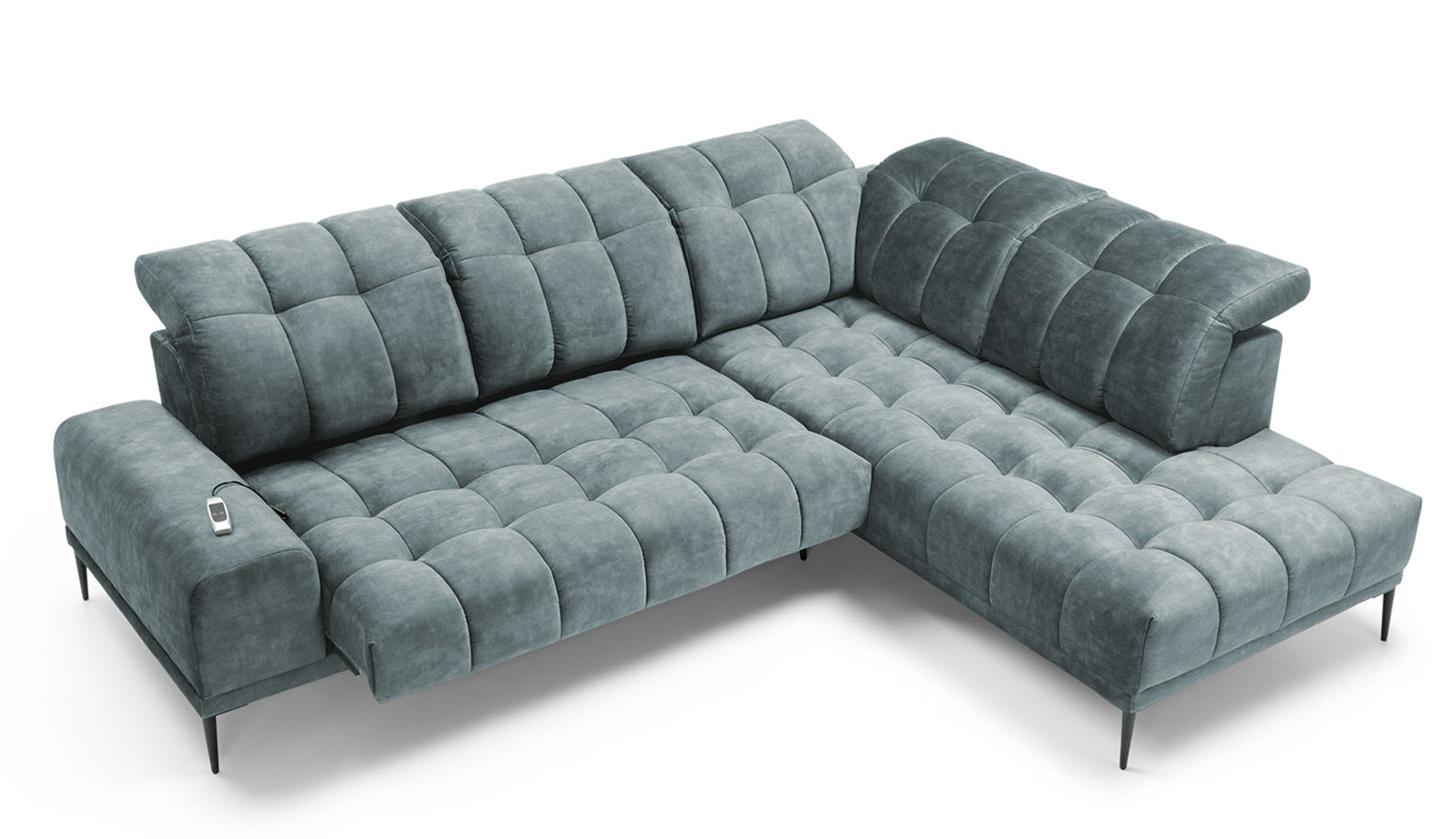 Narożnik Boledit z wysuwanym siedziskiem elektrycznym szary w tkaninie hydrofobowej welur lewostronny