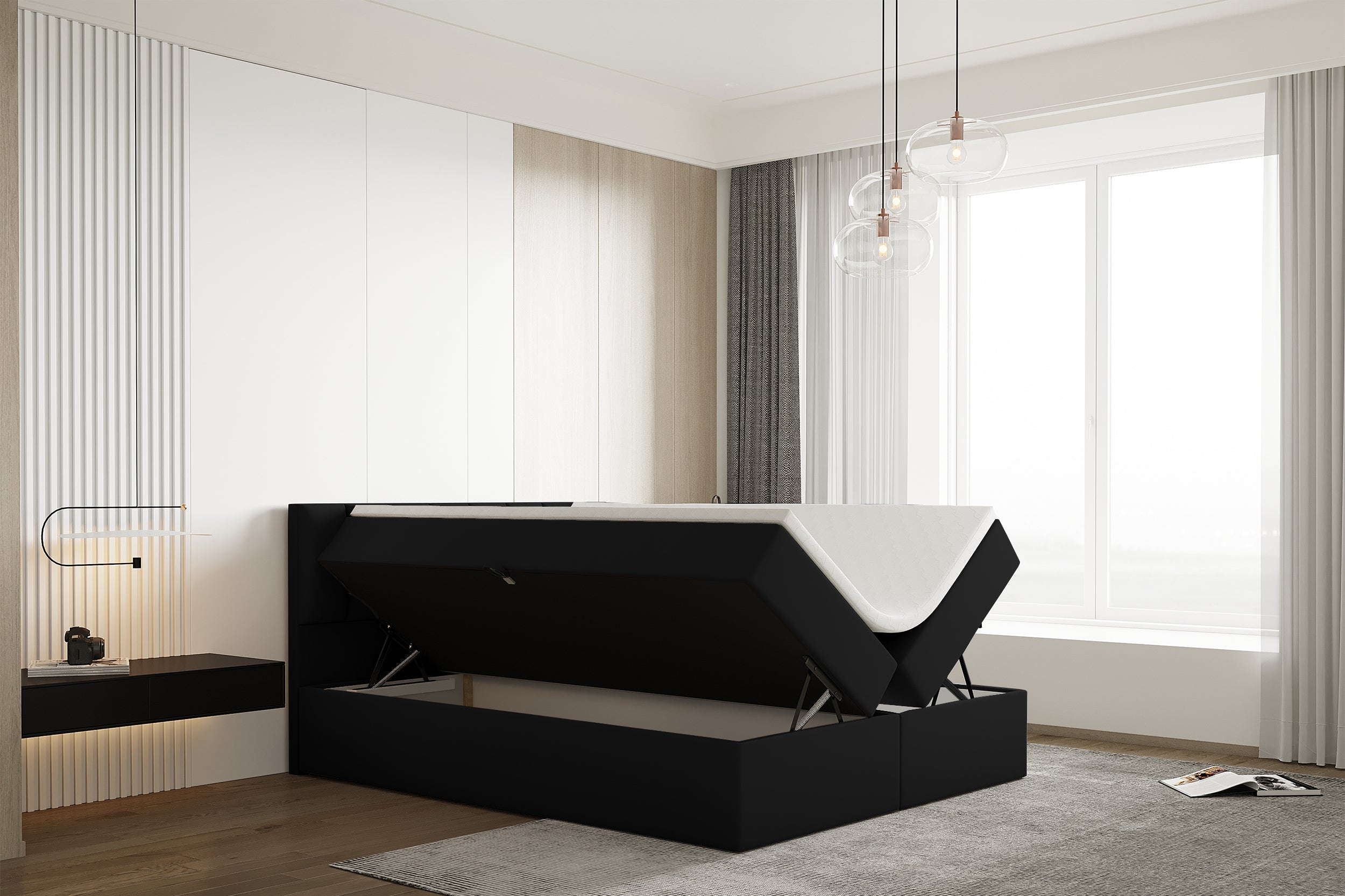 Łóżko kontynentalne 160x200 cm Carbini z pojemnikami  i materacem bonellowym czarne welur hydrofobowy