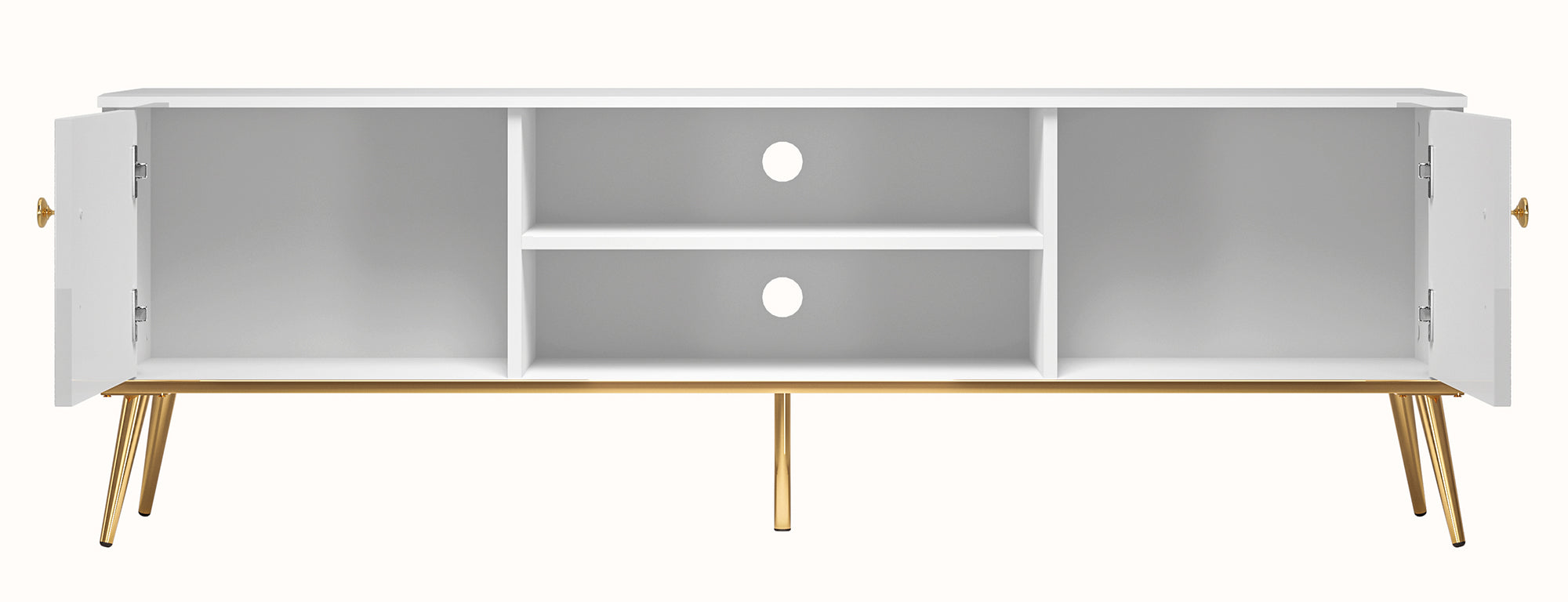 Szafka RTV Darrby 160 cm biała/biały połysk ze złotymi nogami
