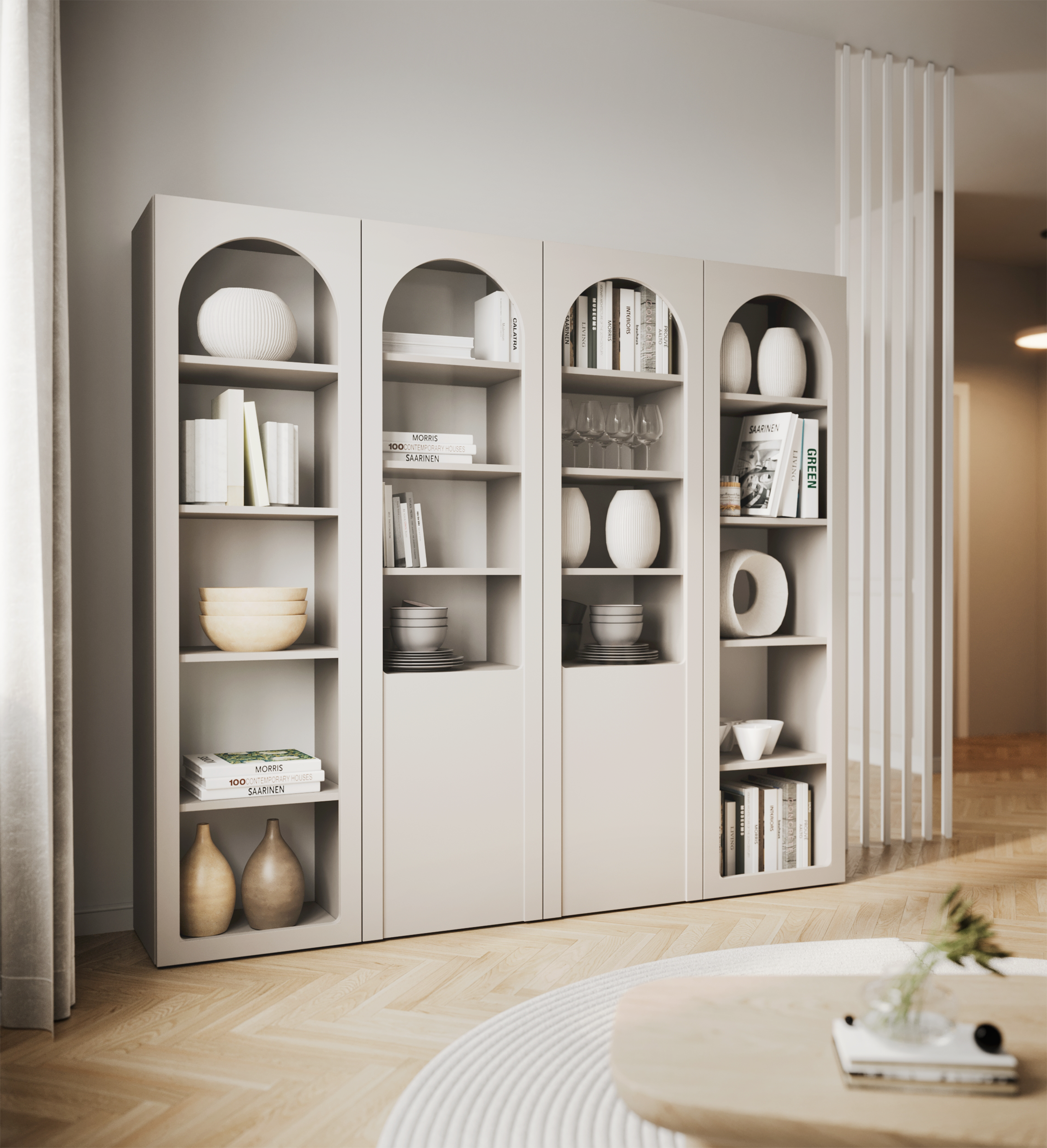 Witryna dwudrzwiowa Arkadia z frezowanymi i szklanymi frontami 100 cm kaszmir