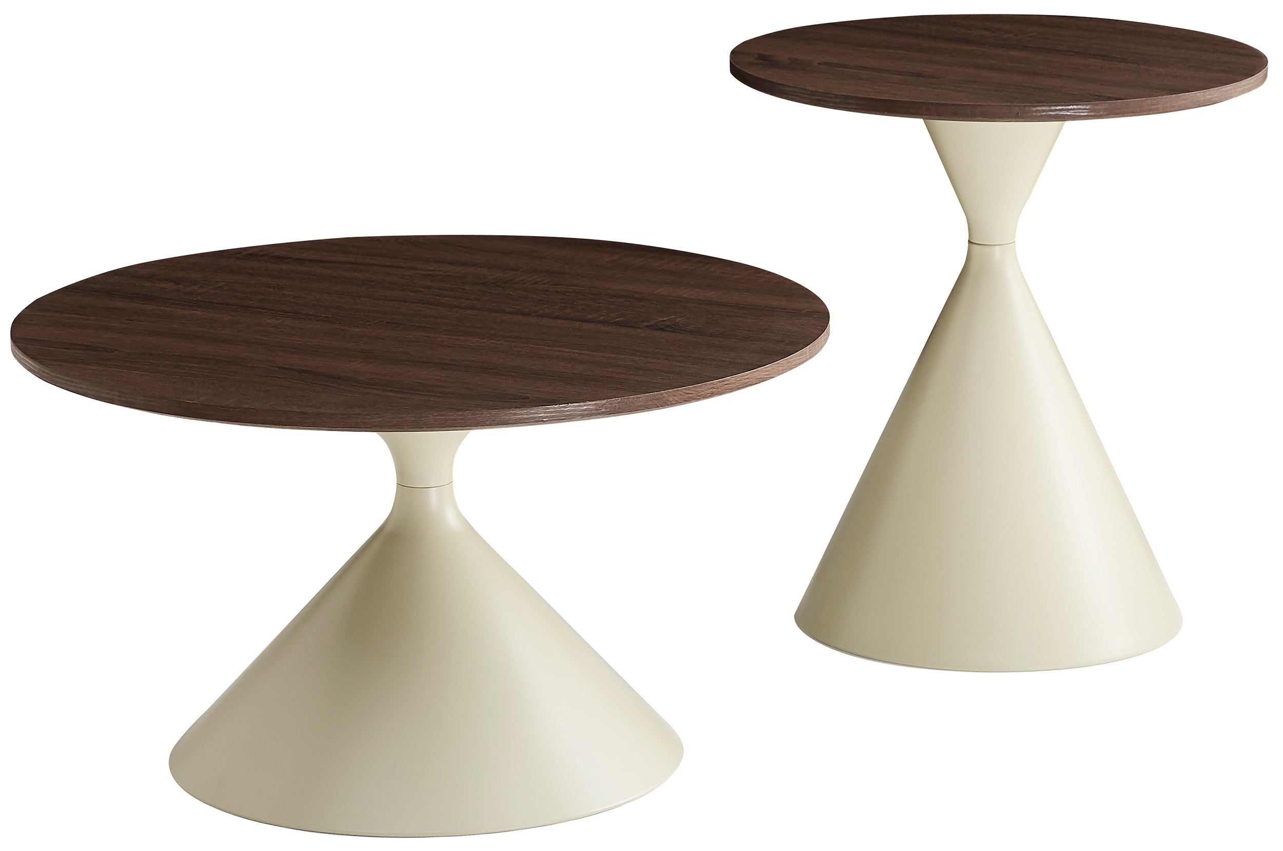 Zestaw stolików kawowych Adrize okrągłe 50 i 70 cm fornir orzech z beżową metalową podstawą