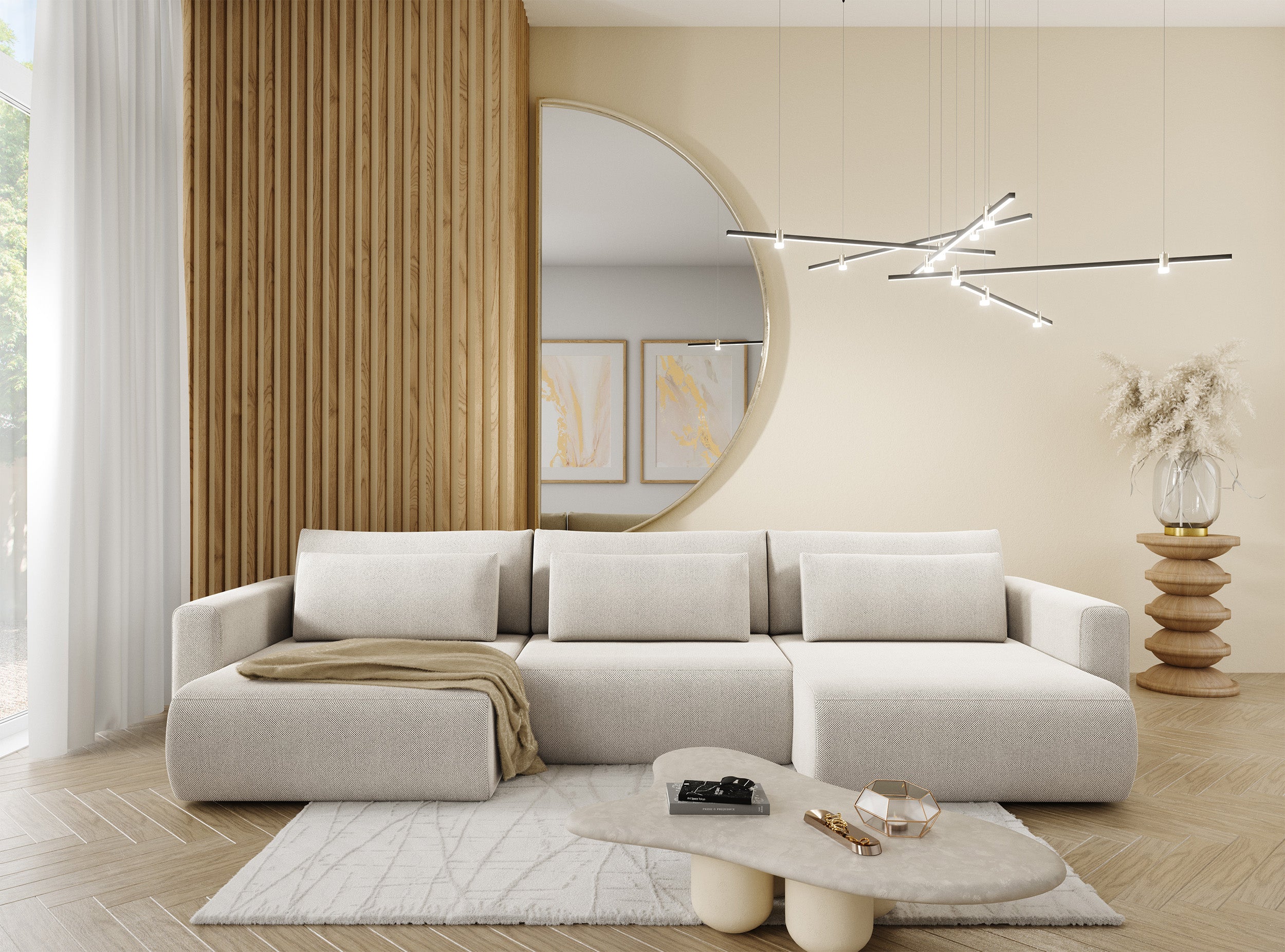 Narożnik z funkcją spania Ajwar U-kształtny z pojemnikiem jasnoszary szenil hydrofobowy uniwersalny