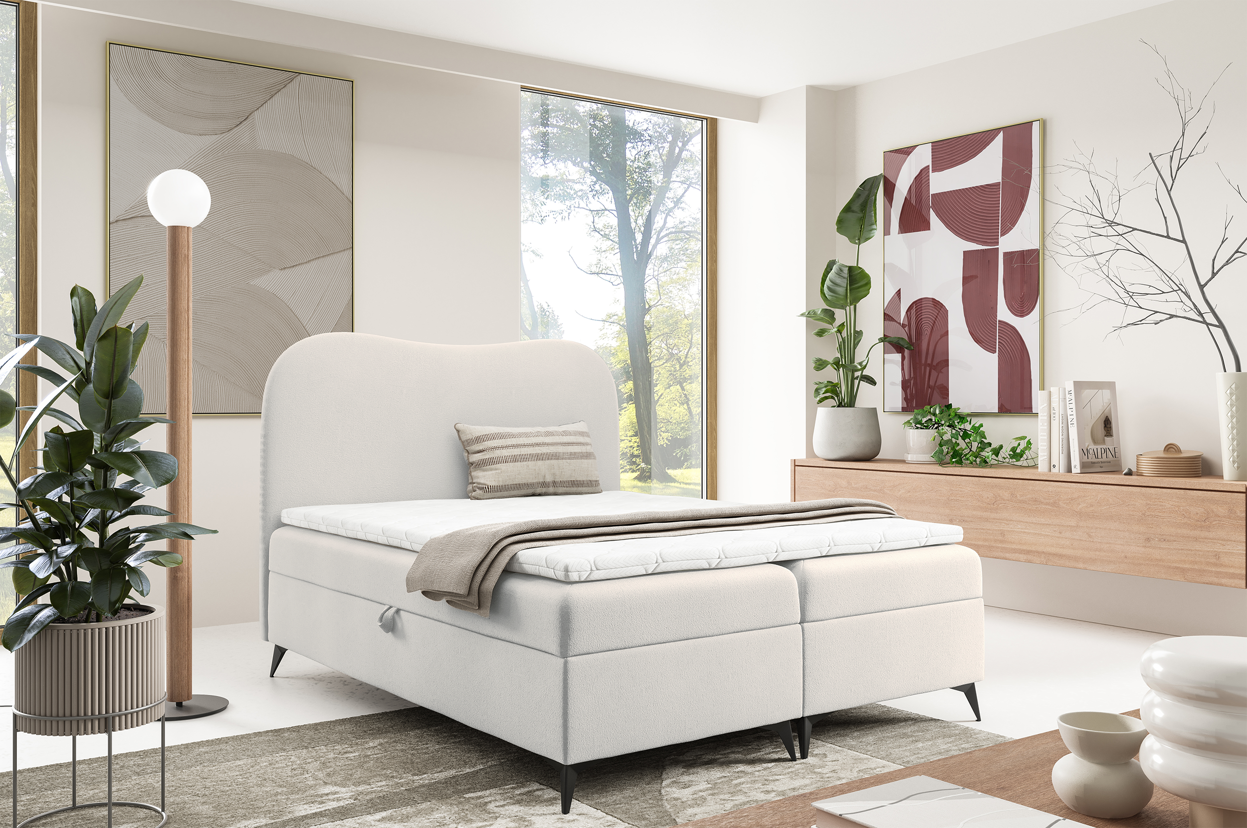Łóżko kontynentalne 160x200 cm Ambradoo z pojemnikami i topperem kremowe boucle