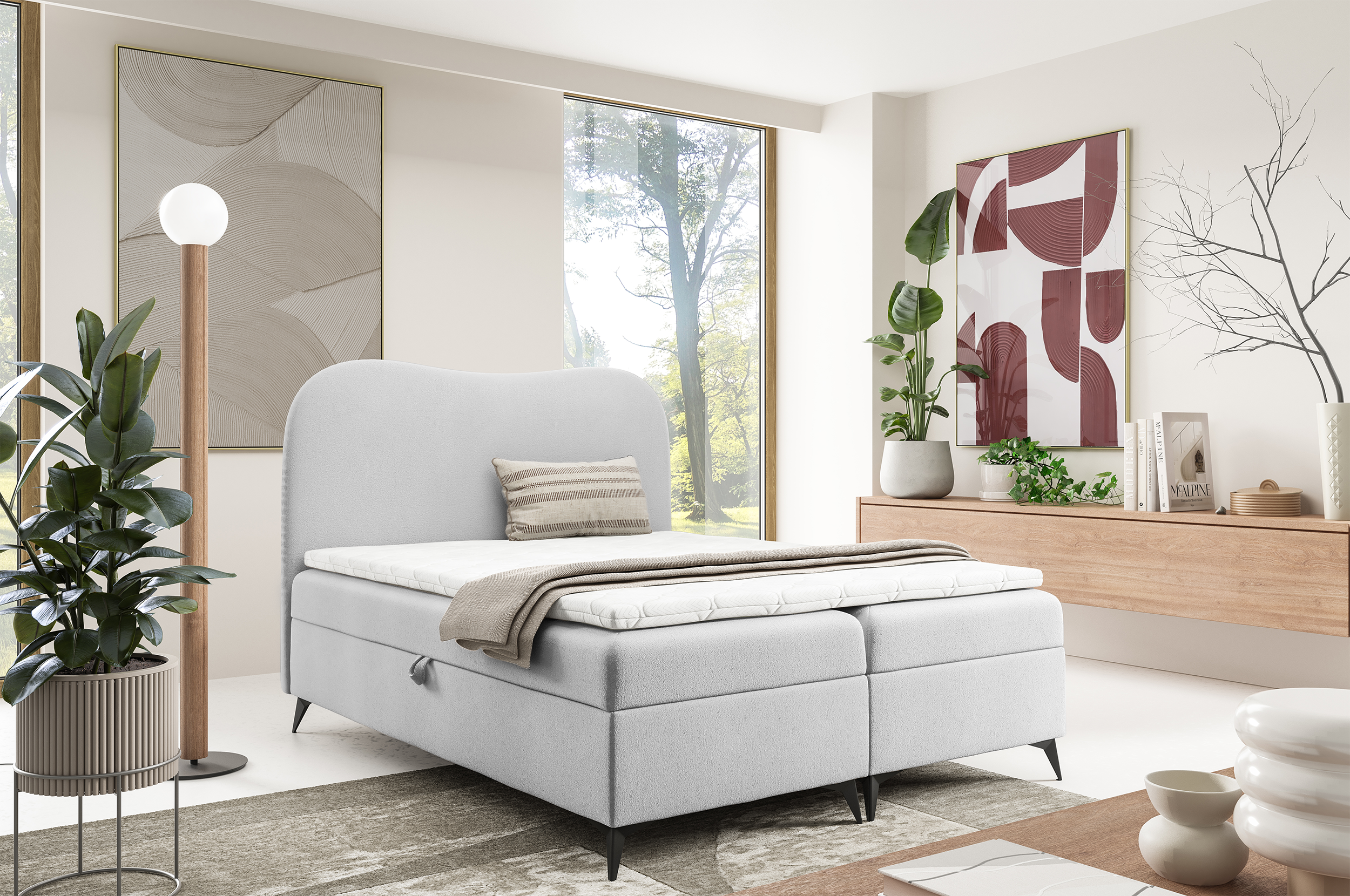 Łóżko kontynentalne 180x200 cm Ambradoo z pojemnikami i topperem jasnoszare boucle