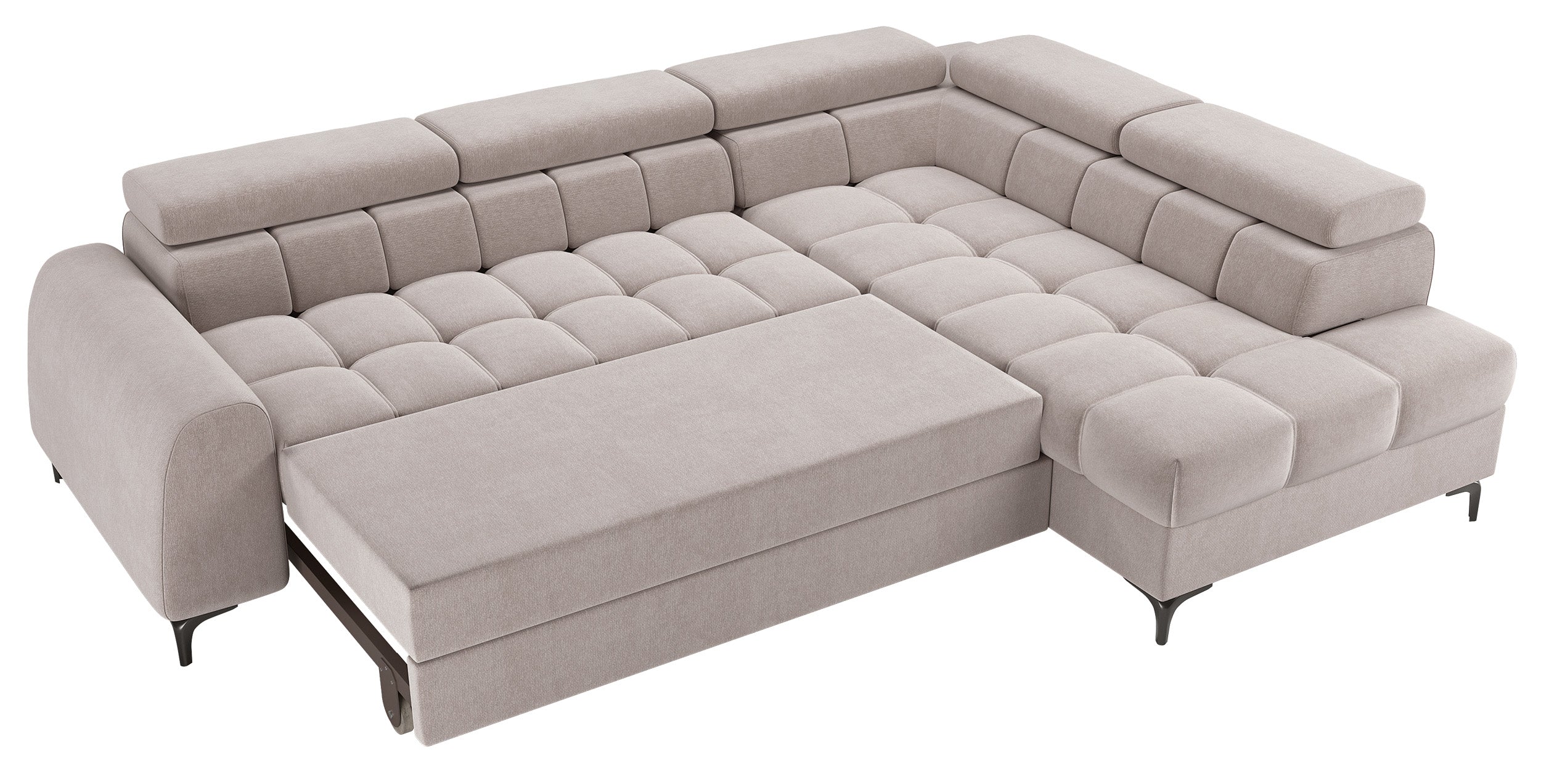 Narożnik z funkcją spania Arellio L-kształtny prawostronny z pojemnikiem szarobeżowy szenil