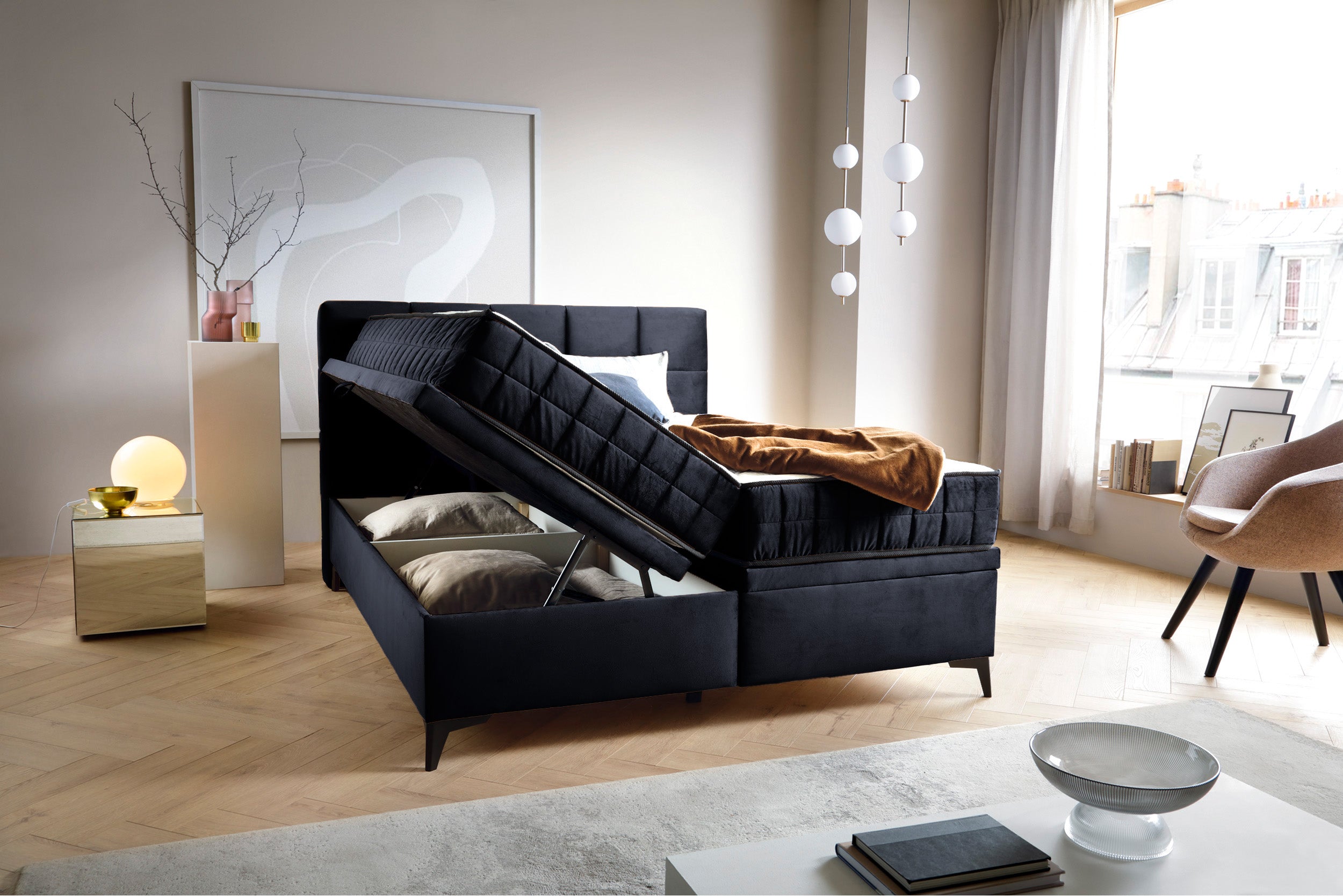 Łóżko kontynentalne 180x200 cm Beriano z pojemnikami i materacem granatowe welur