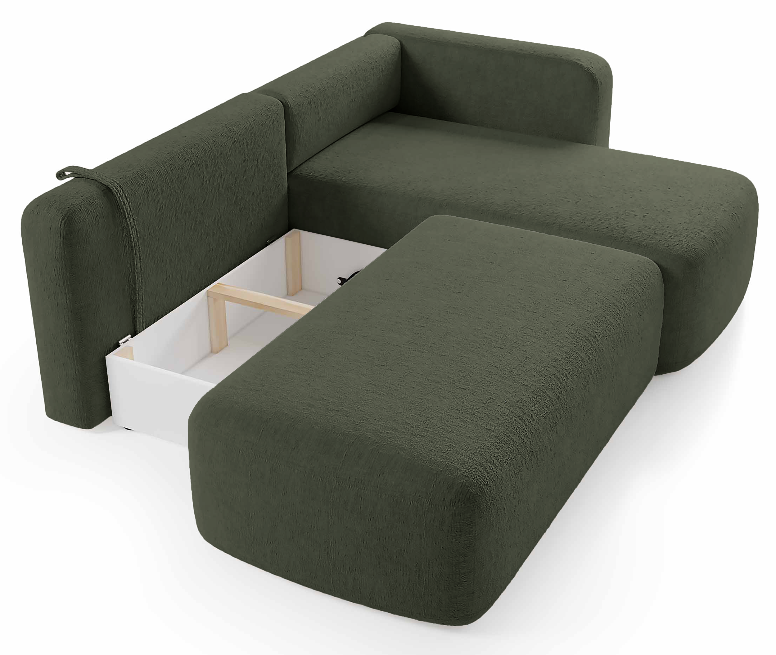 Narożnik z funkcją spania Blavio L-kształtny prawostronny z pojemnikiem oliwkowy szenil