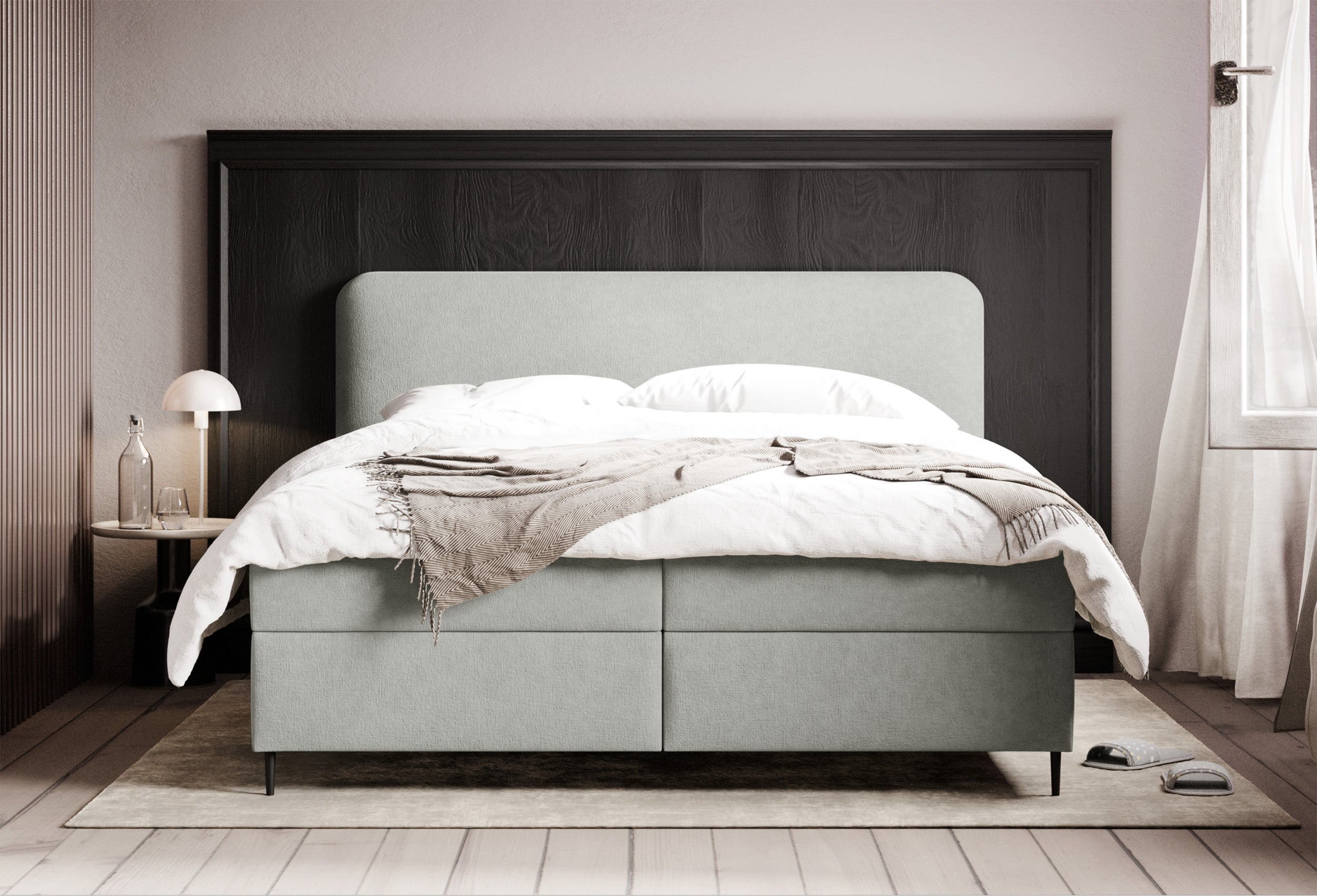 Łóżko kontynentalne 140x200 cm Carballa z pojemnikami i materacem pocketowym szarobeżowe szenil hydrofobowy