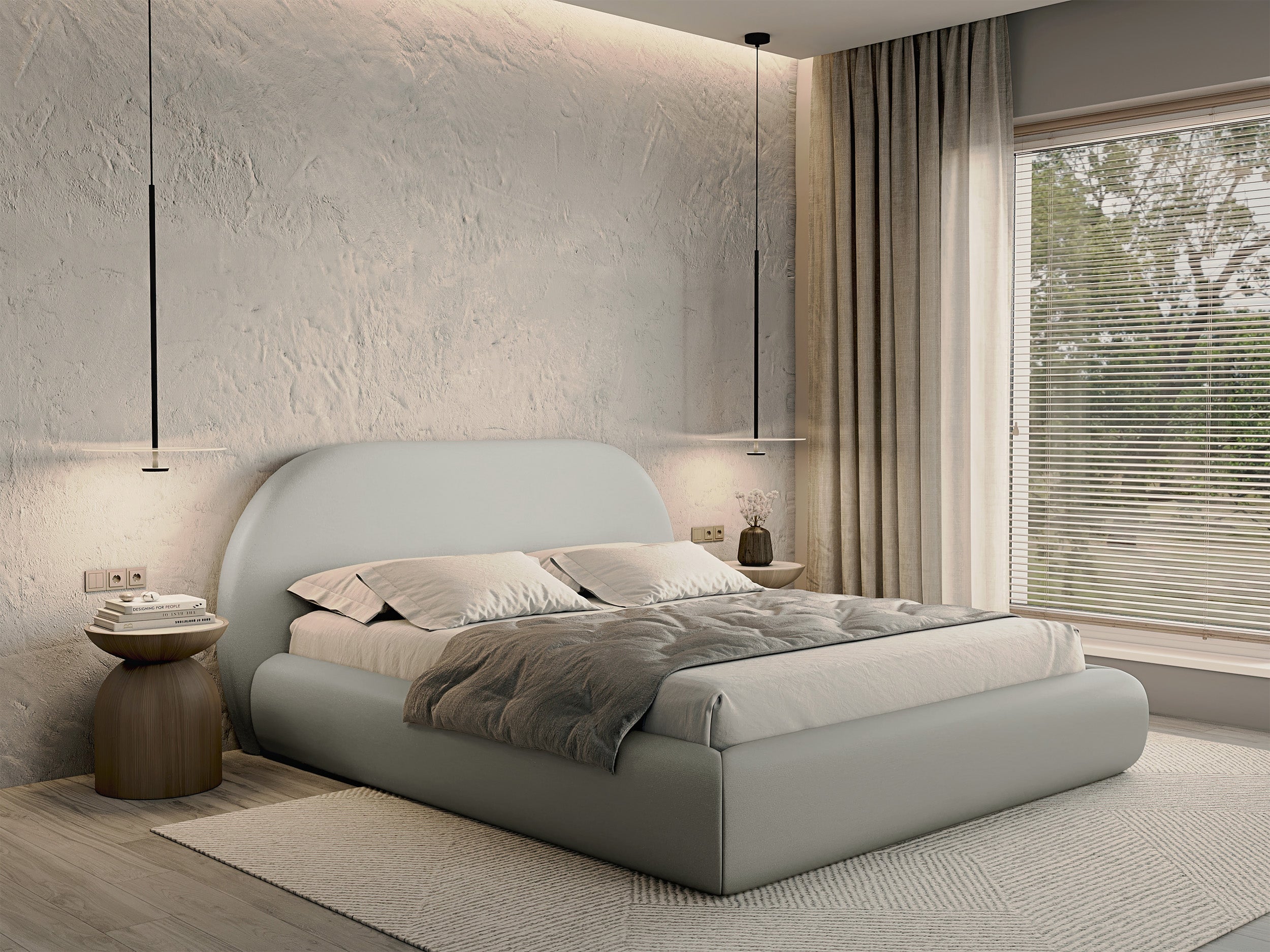 Łóżko tapicerowane 180x200 cm Buvio z pojemnikiem stelaż metalowy szarobeżowe szenil