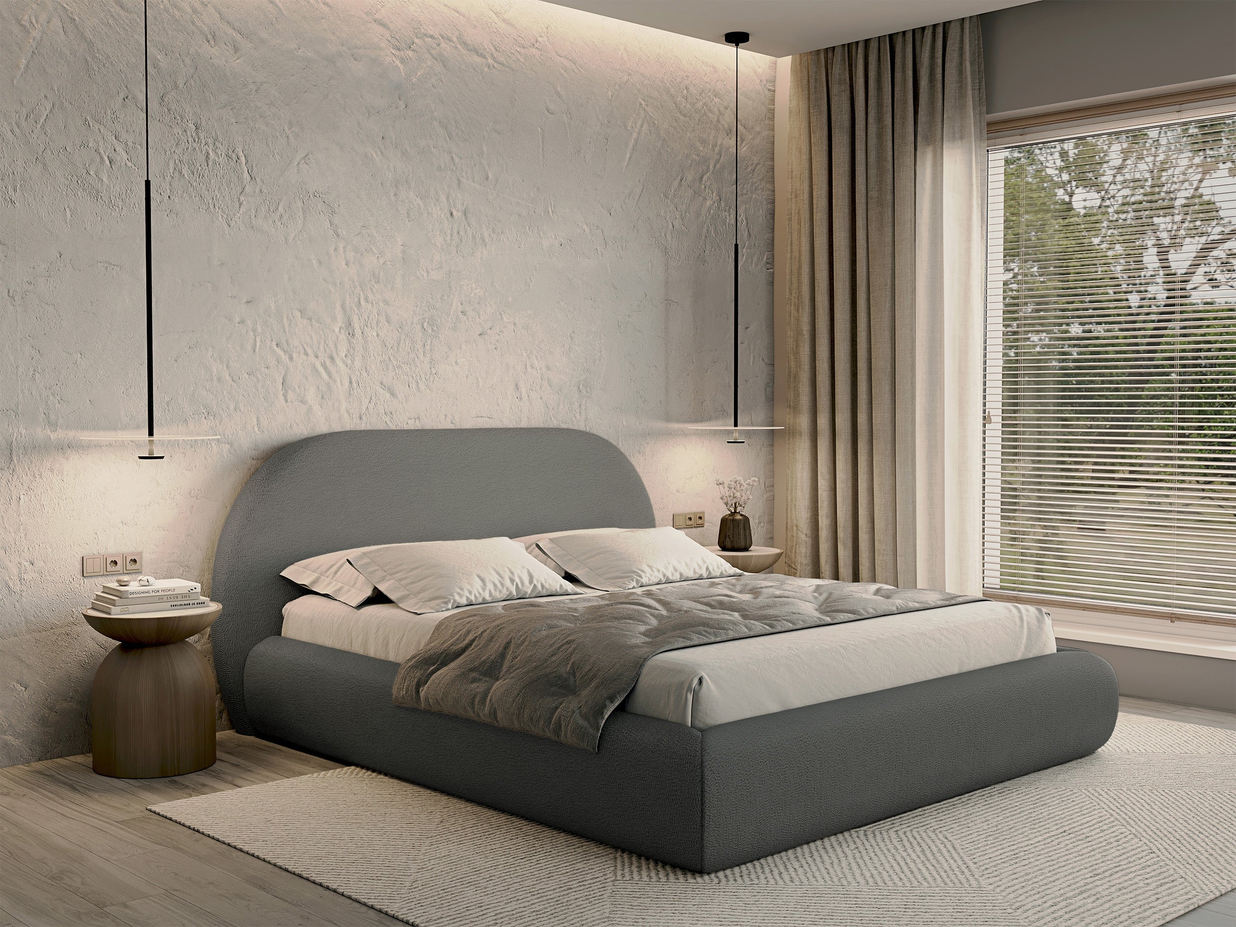 Łóżko tapicerowane 140x200 cm Buvio z pojemnikiem stelaż metalowy szare boucle