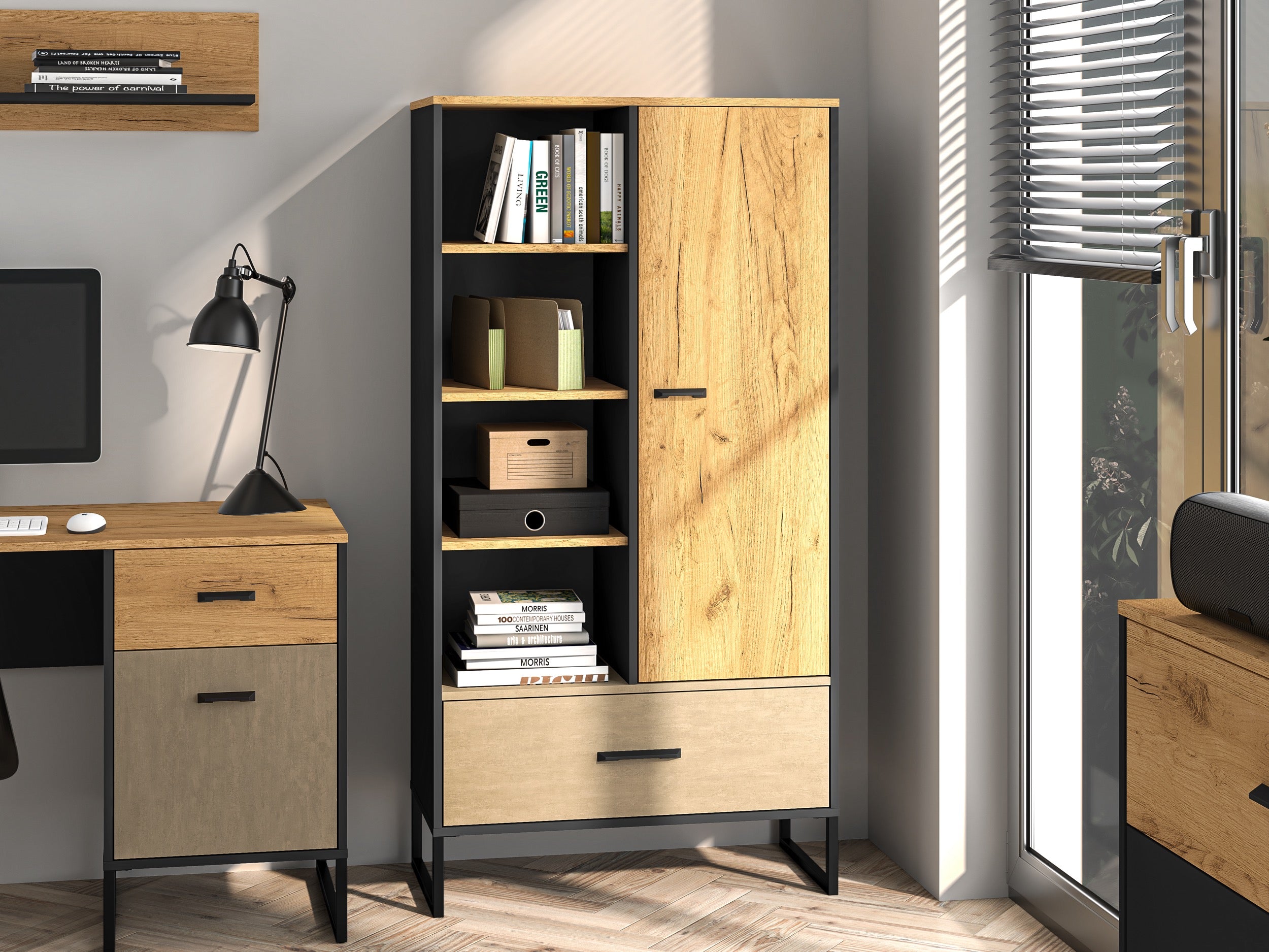 Regał młodzieżowy jednodrzwiowy Colt z półkami i szufladą 80 cm dąb craft/czarny/stal