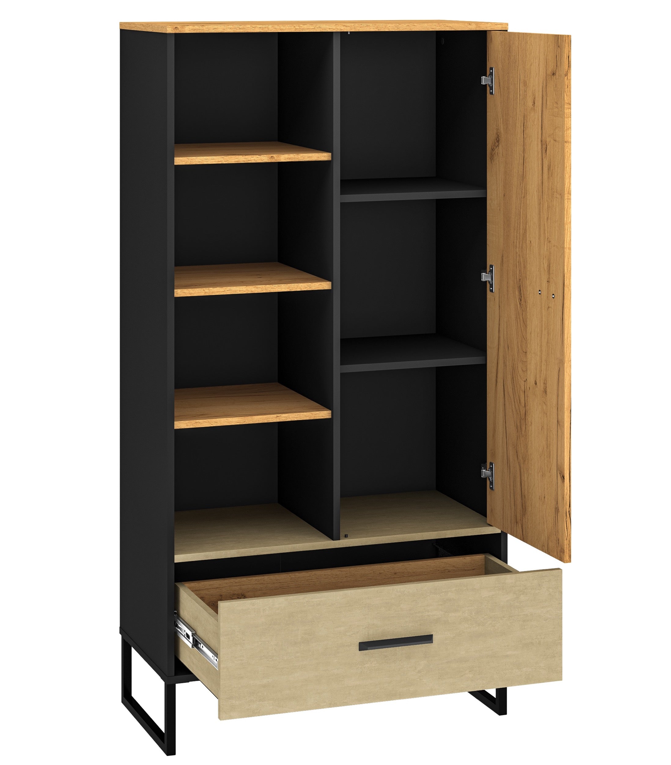Regał młodzieżowy jednodrzwiowy Colt z półkami i szufladą 80 cm dąb craft/czarny/stal