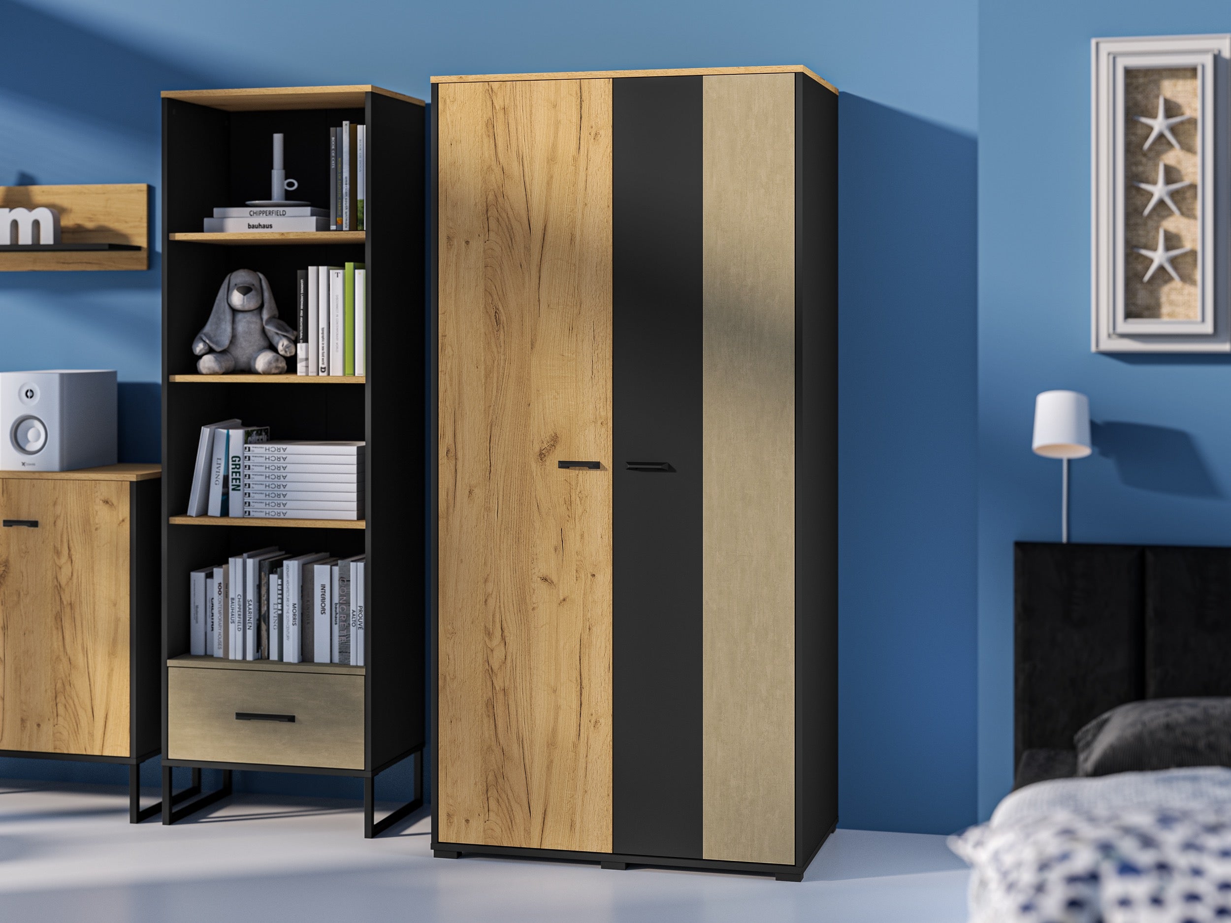 Regał młodzieżowy Colt z półkami i szufladą 58 cm dąb craft/czarny/stal