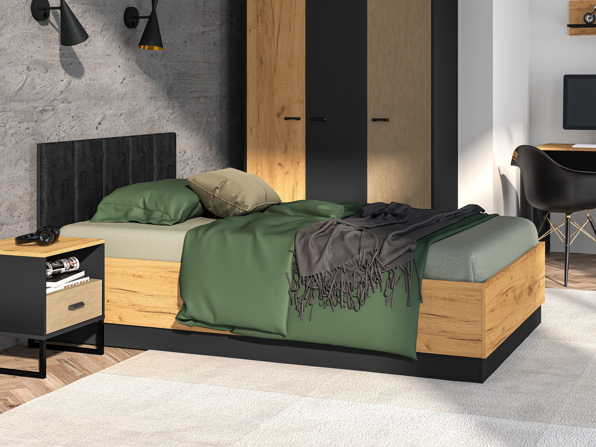 Szafa młodzieżowa trzydrzwiowa Colt z drążkami i półkami 120 cm dąb craft/czarny/stal