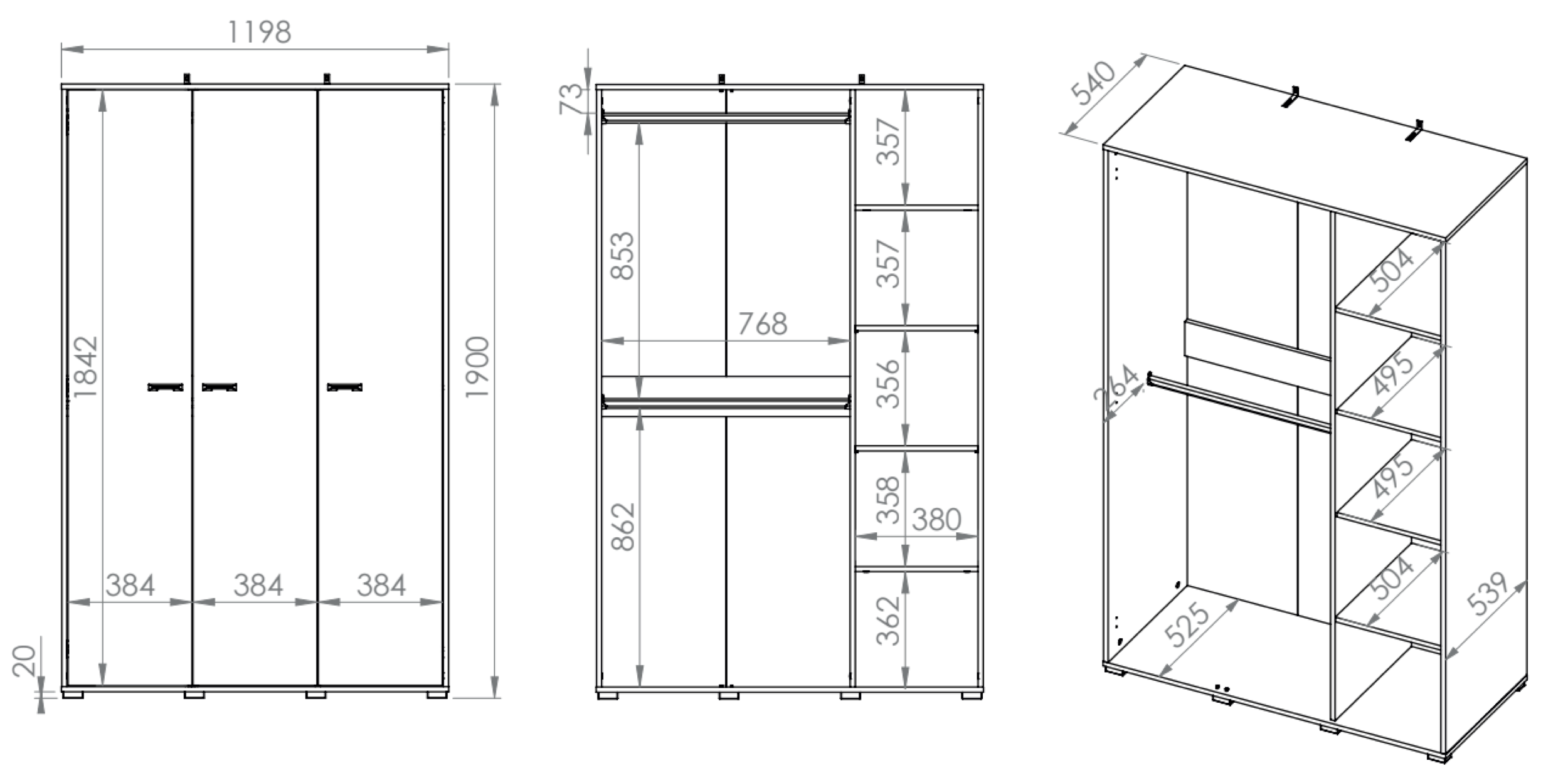 Szafa młodzieżowa trzydrzwiowa Colt z drążkami i półkami 120 cm dąb craft/czarny/stal