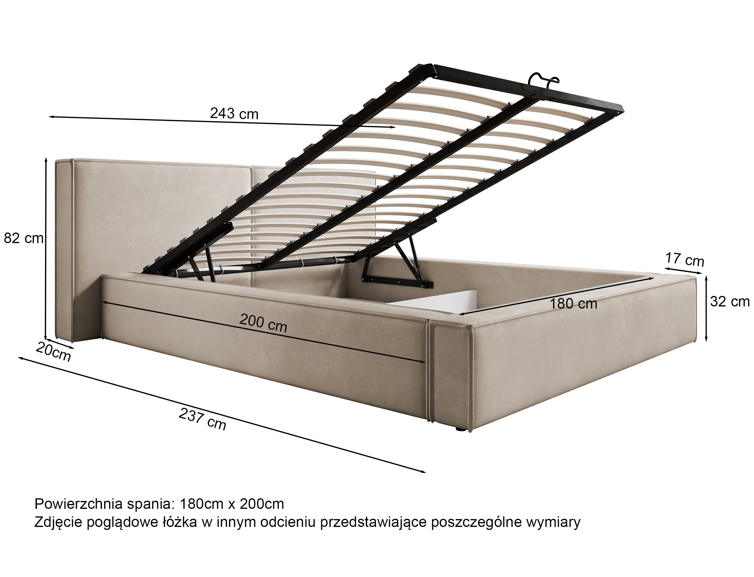 Łóżko tapicerowane 180x200 cm Cabrera z pojemnikiem stelaż metalowy kremowe welur