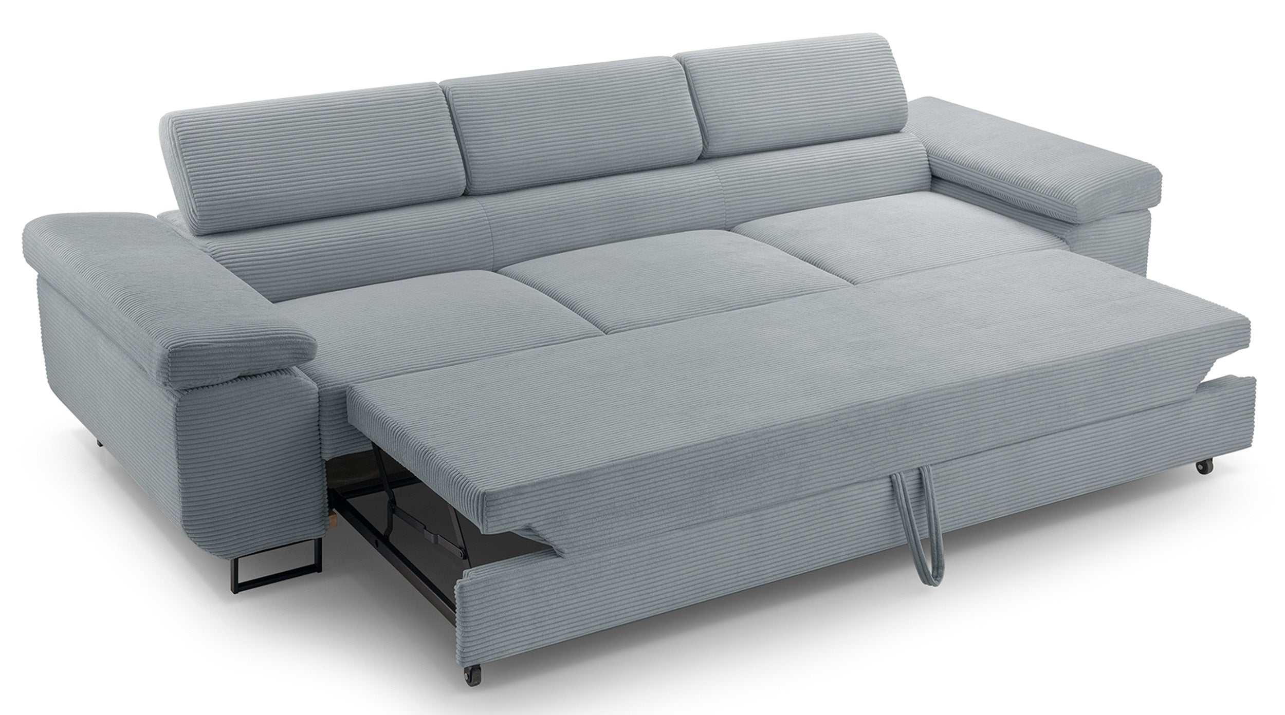 Kanapa rozkładana trzyosobowa Capurso z regulowanymi zagłówkami jasnoszara sztruks