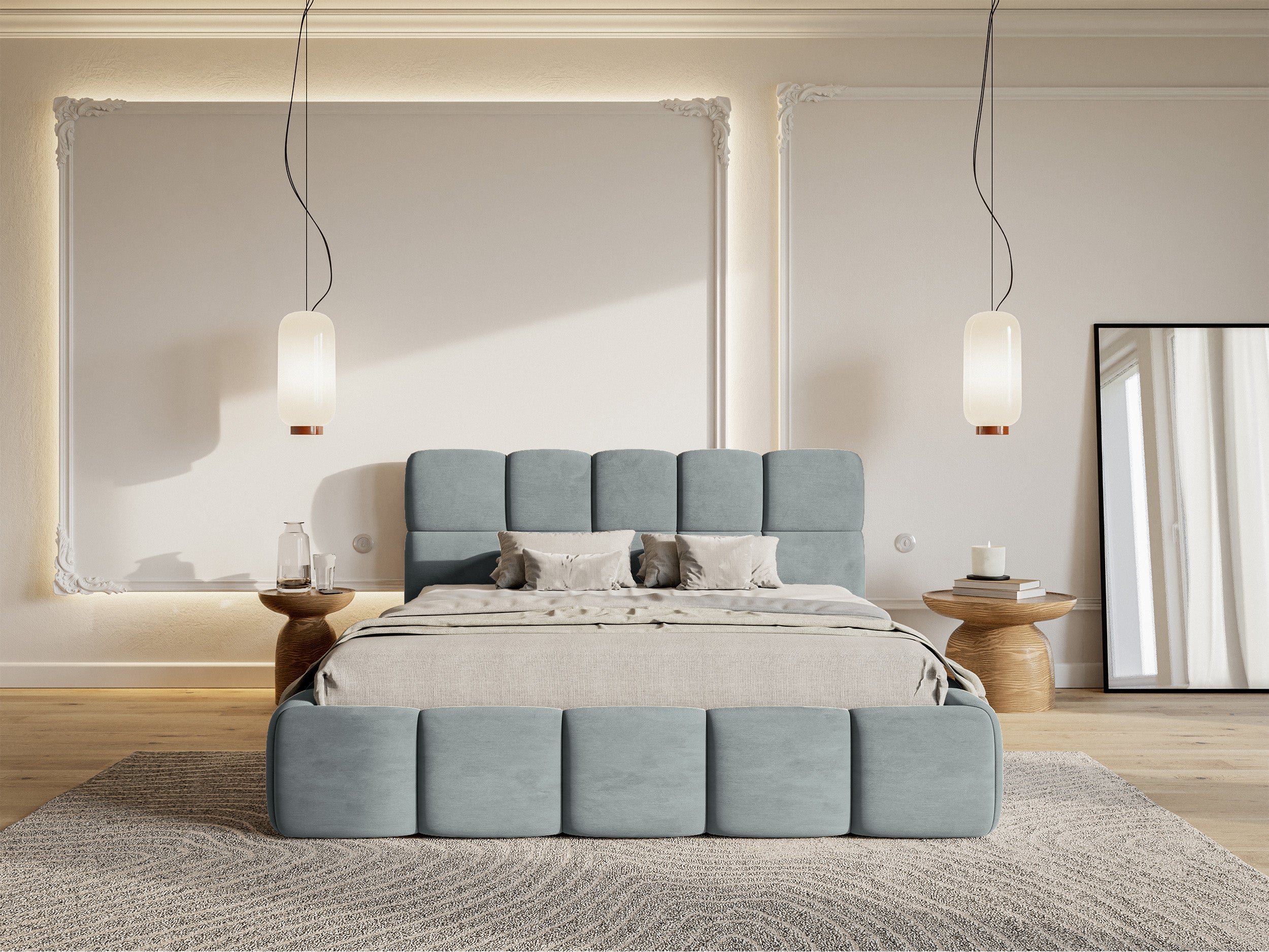 Łóżko tapicerowane 120x200 cm Cloudy z pojemnikiem stelaż metalowy szare welur hydrofobowy łatwoczyszczący