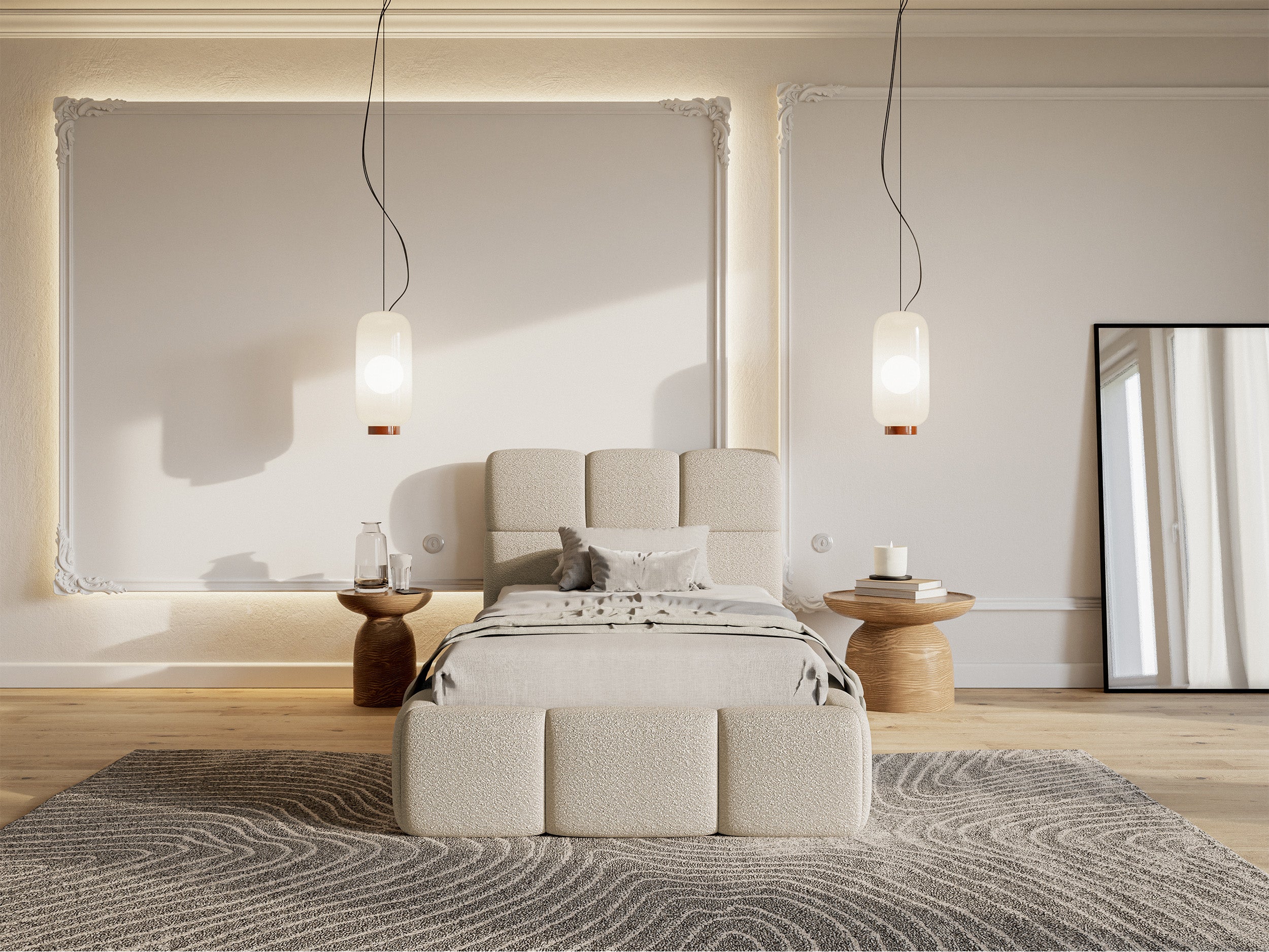 Łóżko tapicerowane 90x200 cm Cloudy jasnobeżowe boucle