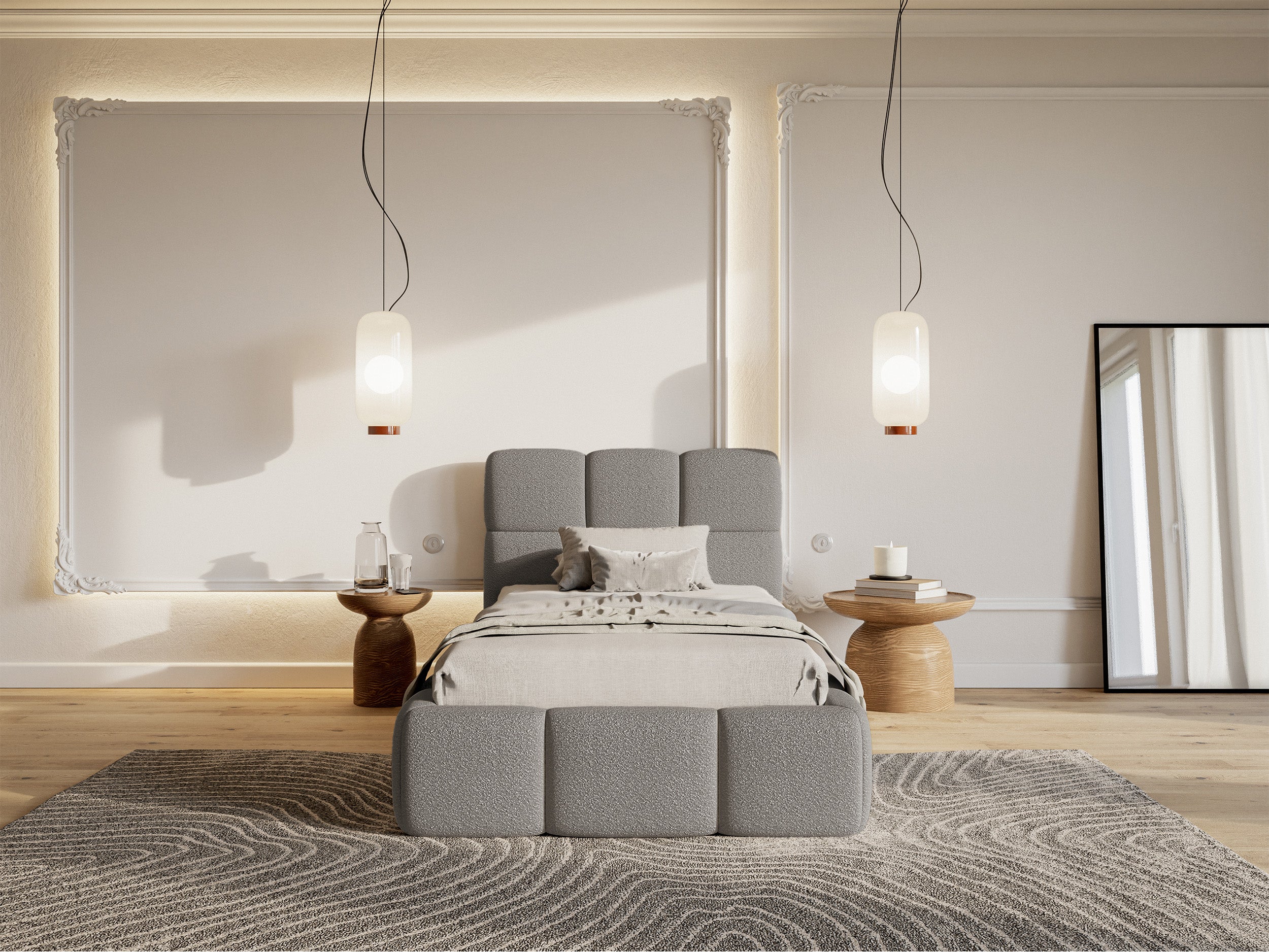 Łóżko tapicerowane 90x200 cm Cloudy z pojemnikiem stelaż metalowy szare boucle