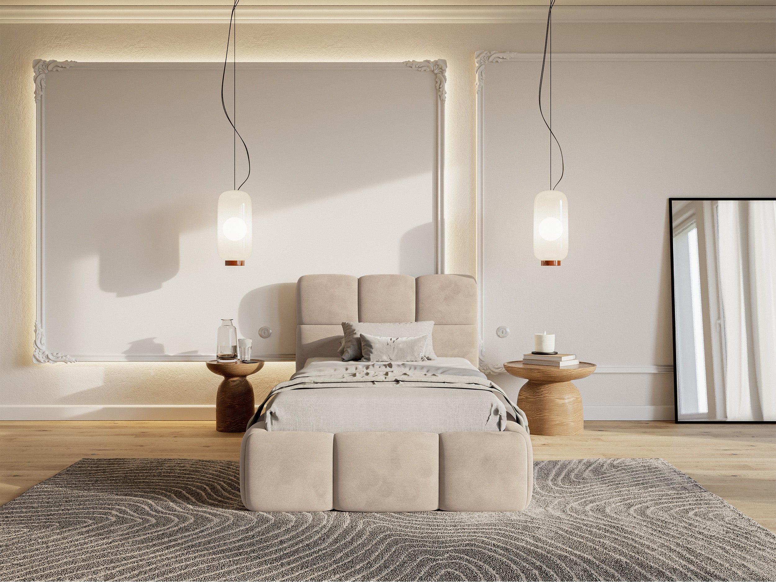 Łóżko tapicerowane 90x200 cm Cloudy beżowe welur hydrofobowy łatwoczyszczący